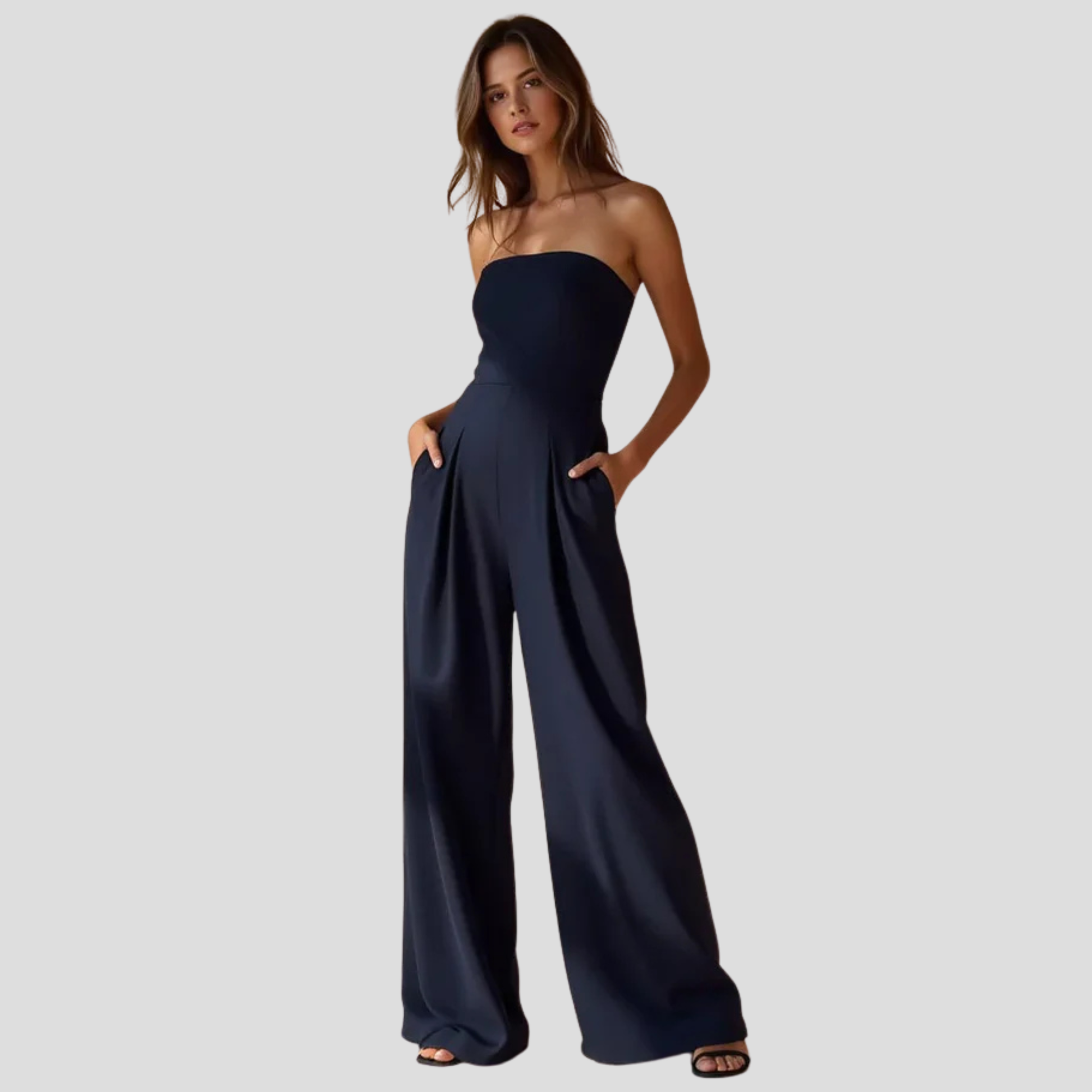 Women's strapless straight-leg jumpsuit shown in black, beige, and navy