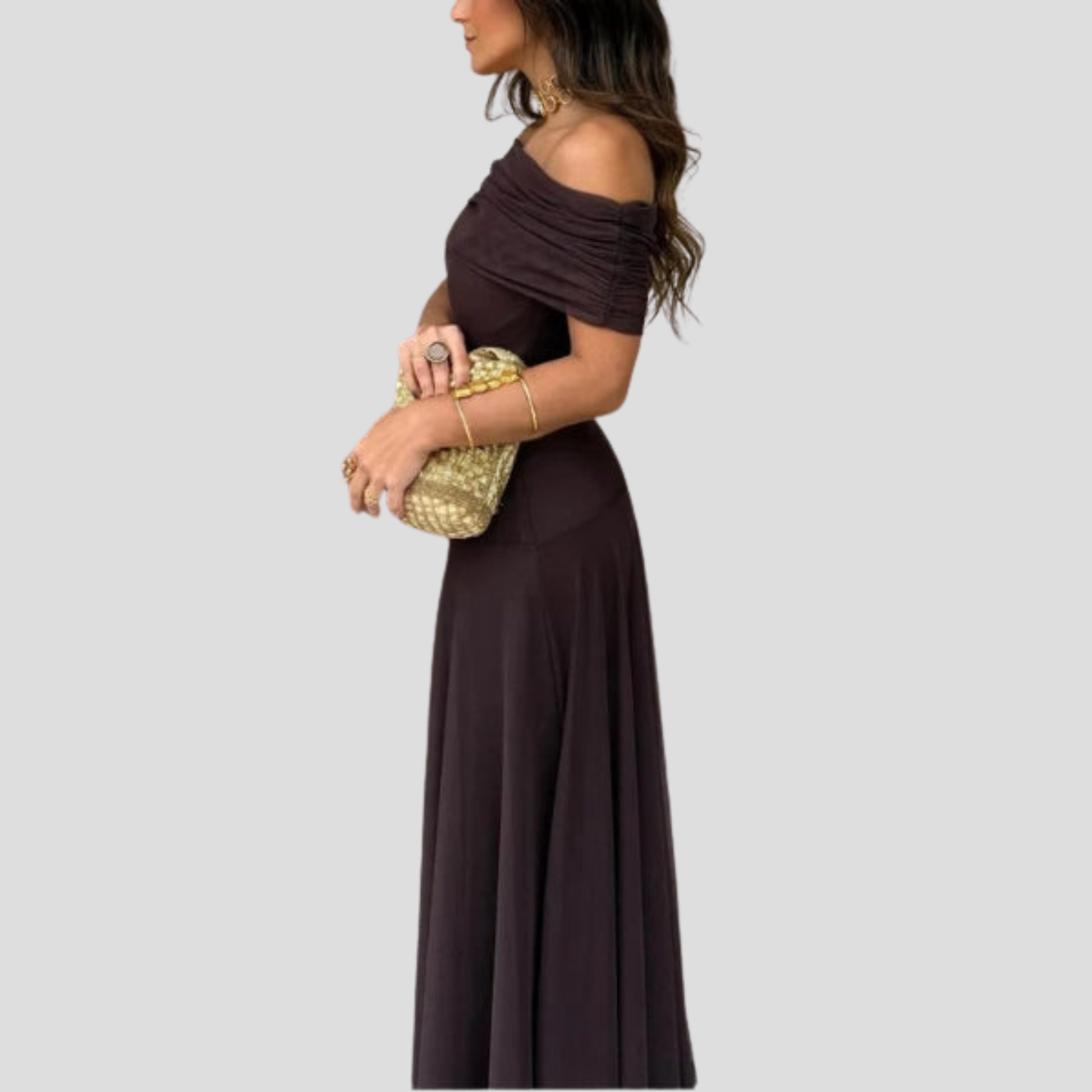 Brown off-shoulder maxi dress with sheer overlay and floor-length silhouette for evening wear