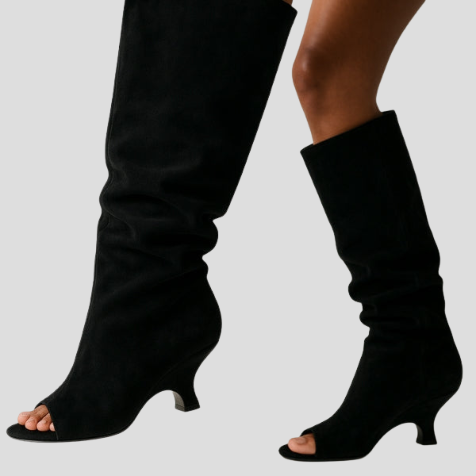 Women's open-toe knee-high boots with a clean vertical structure, shown in a neutral tone