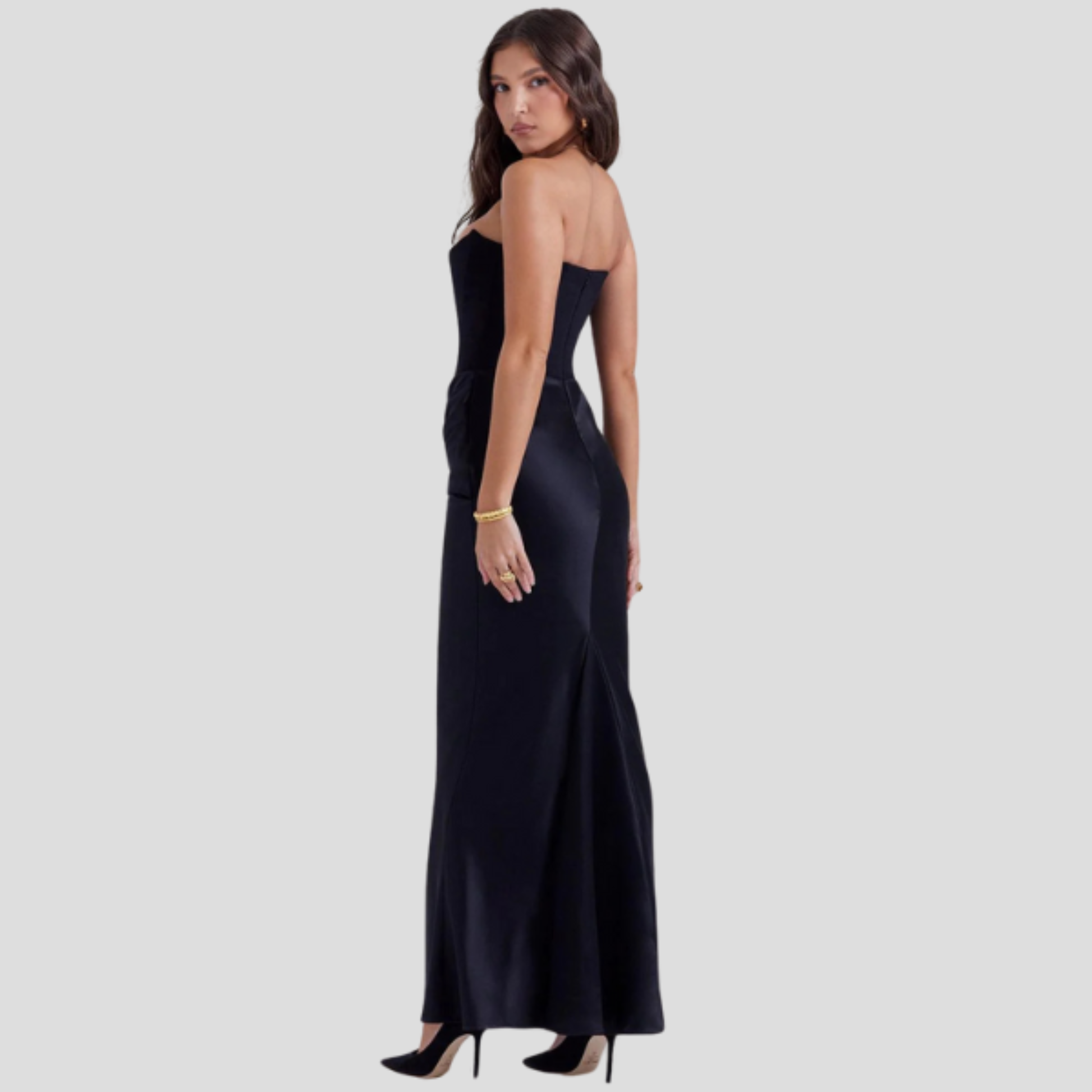 Strapless corset bodice maxi dress with draped waist in a full-length evening silhouette
