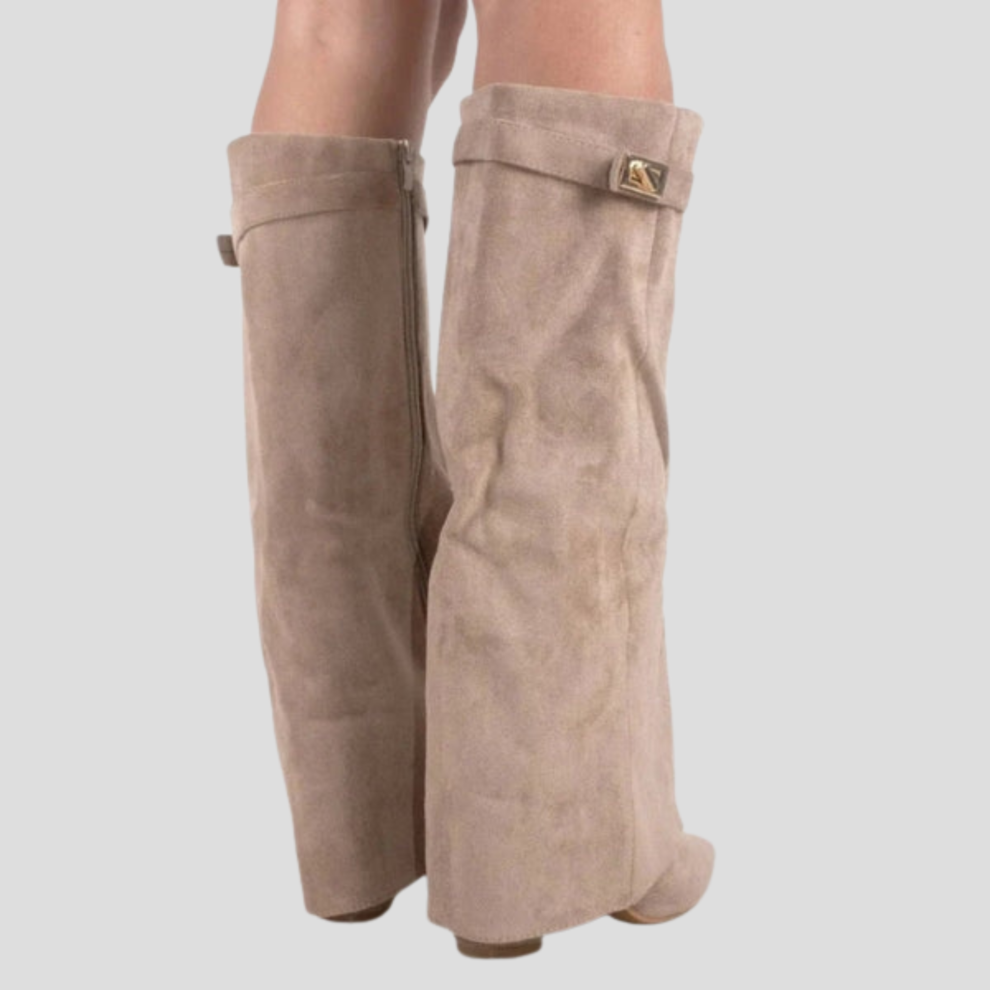 Women's knee-high boots with flared shaft in beige, black, and brown