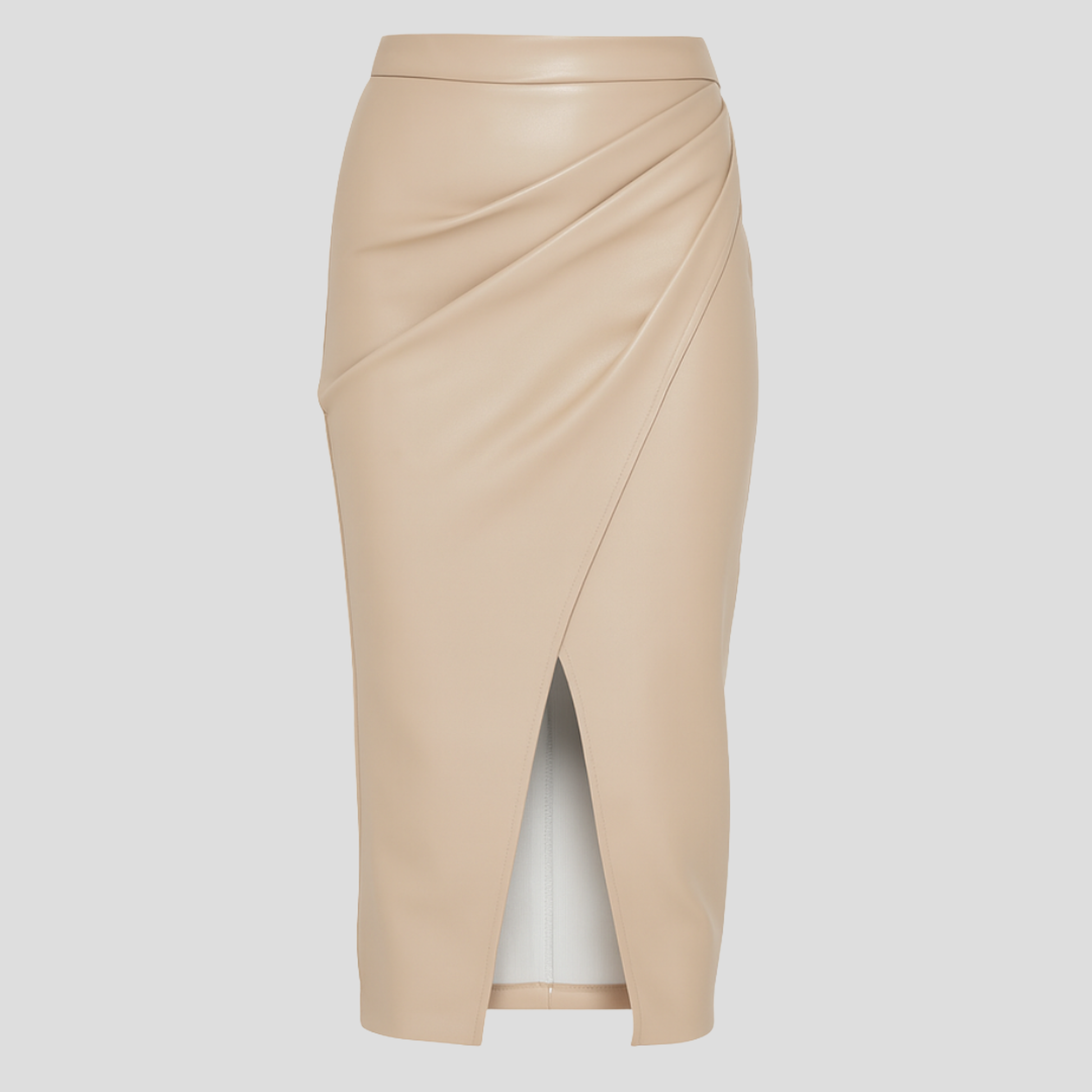 Women's wrap midi skirt with high slit, shown in black, brown and beige