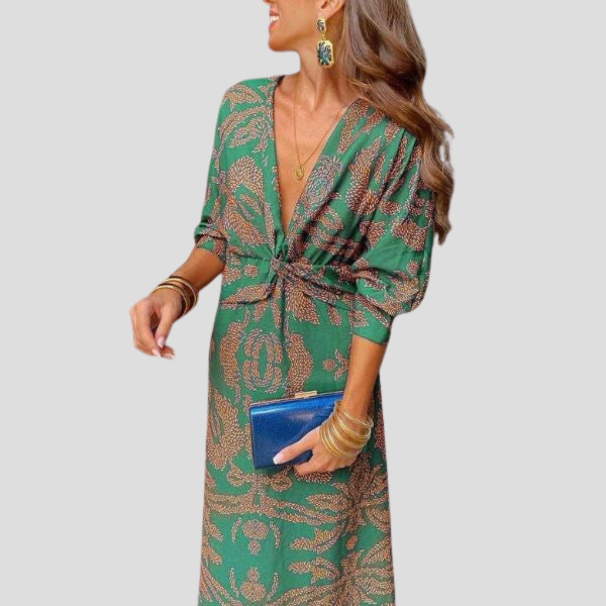 Women's flowing midi dress with defined waist shown in blue, green, red and purple