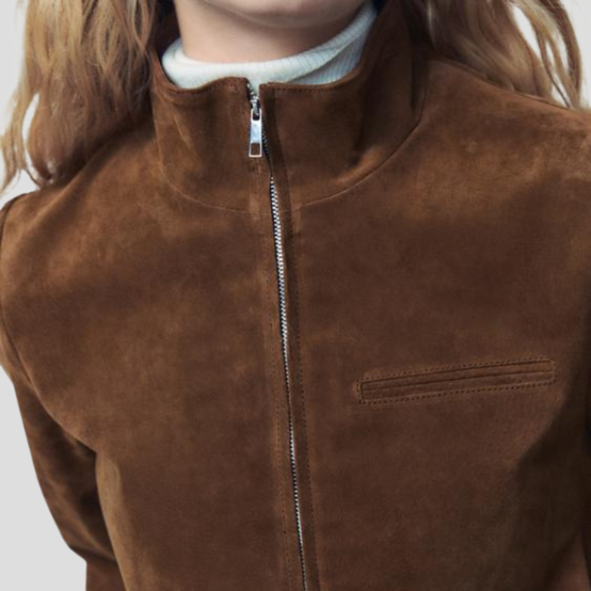 Women's cropped brown jacket with high collar and front zip closure