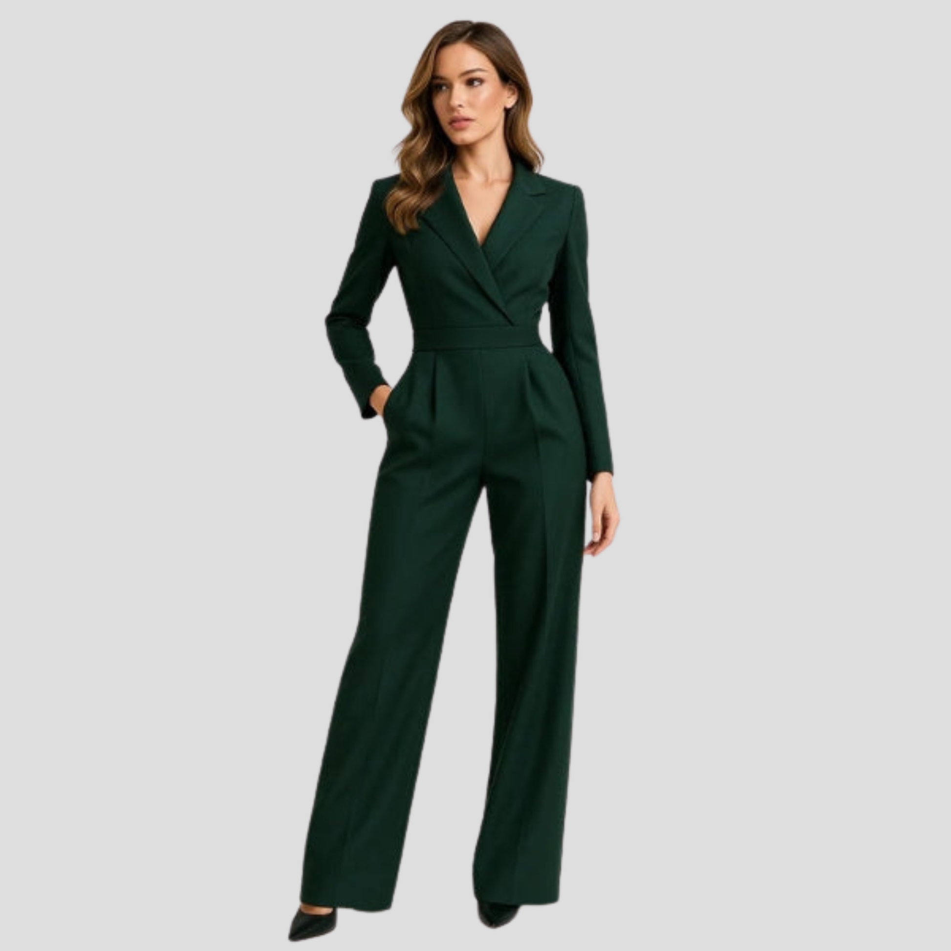 Women's V-neck wide-leg jumpsuit shown in red, white, and green