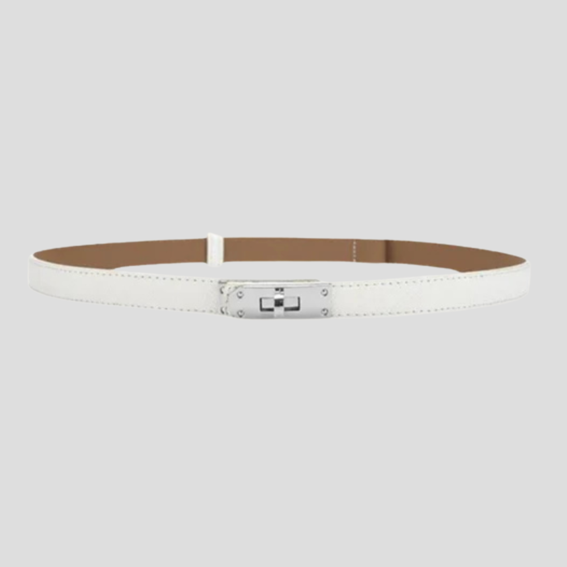 Women's straight-strap belt with a defined buckle, shown in neutral colors