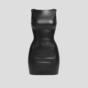 Black sleeveless mini dress with crew neck and panel detailing for evening wear