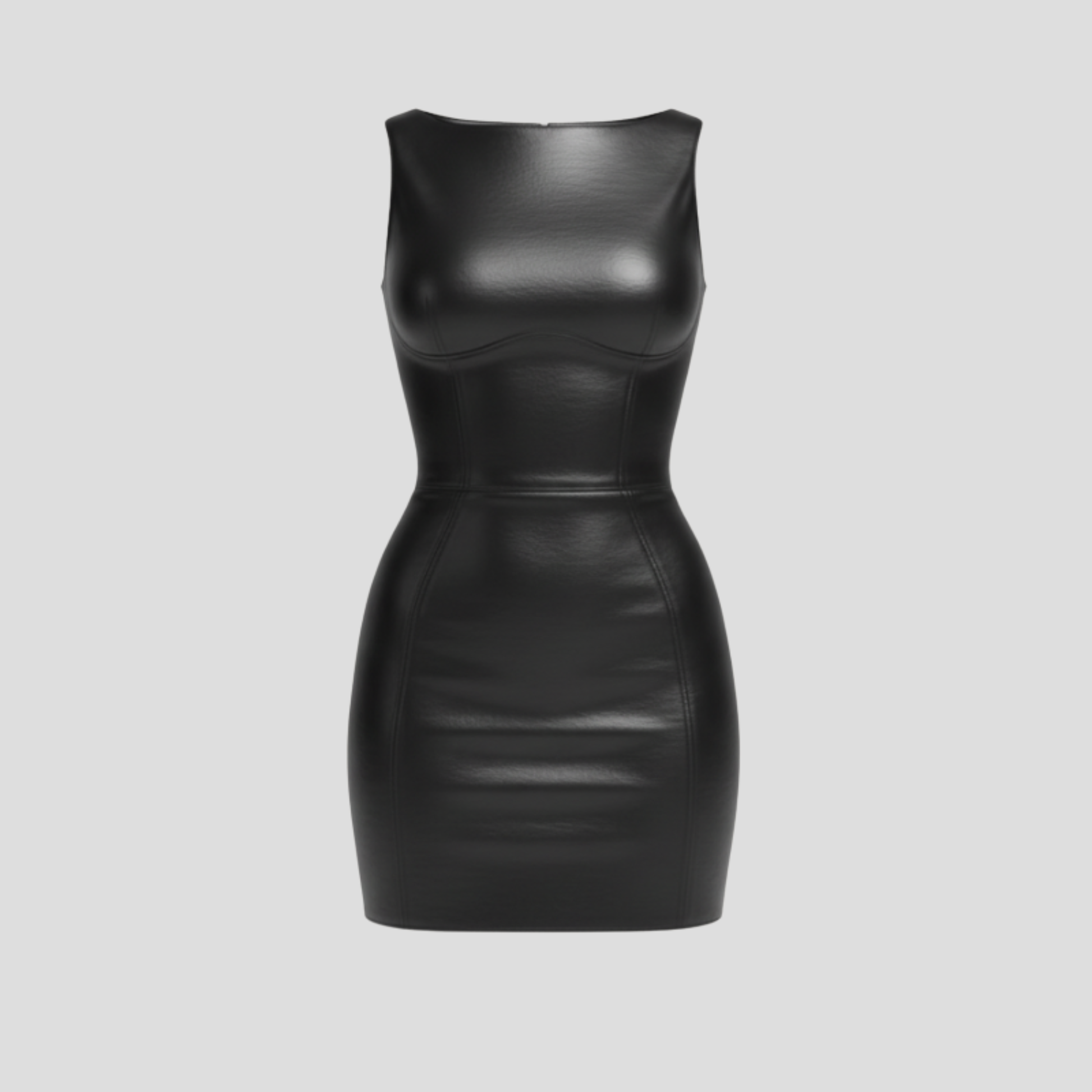 Black sleeveless mini dress with crew neck and panel detailing for evening wear