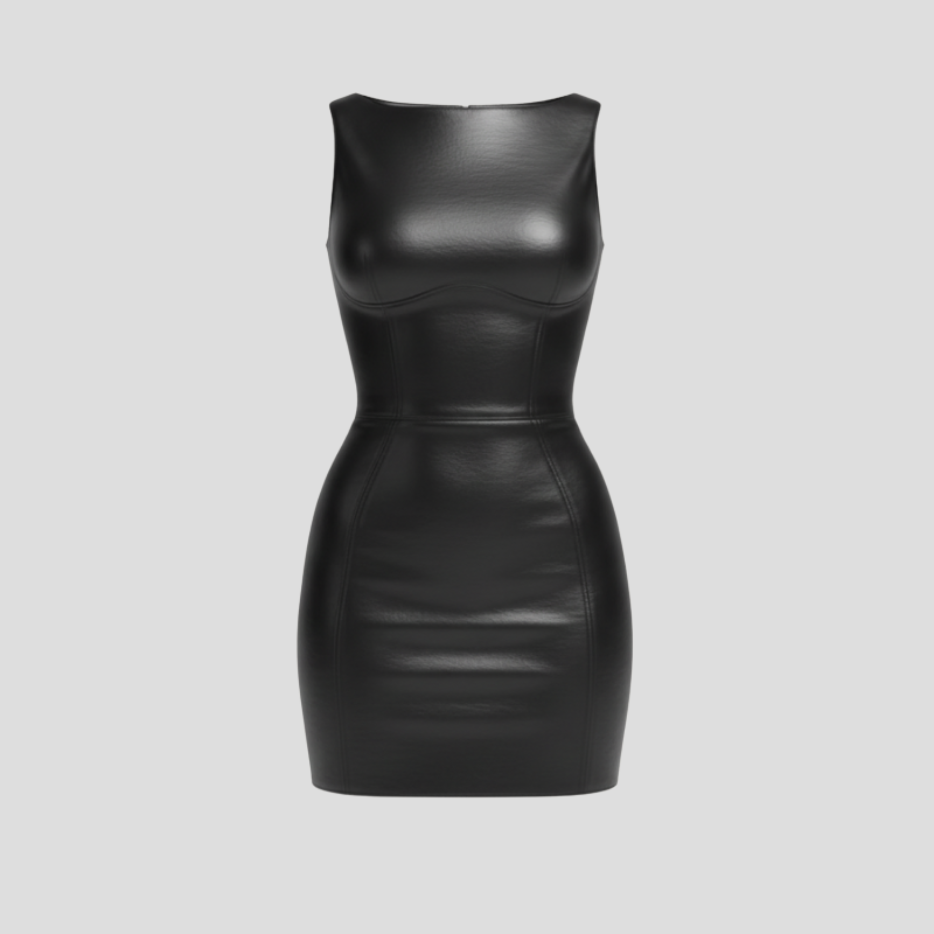 Black sleeveless mini dress with crew neck and panel detailing for evening wear