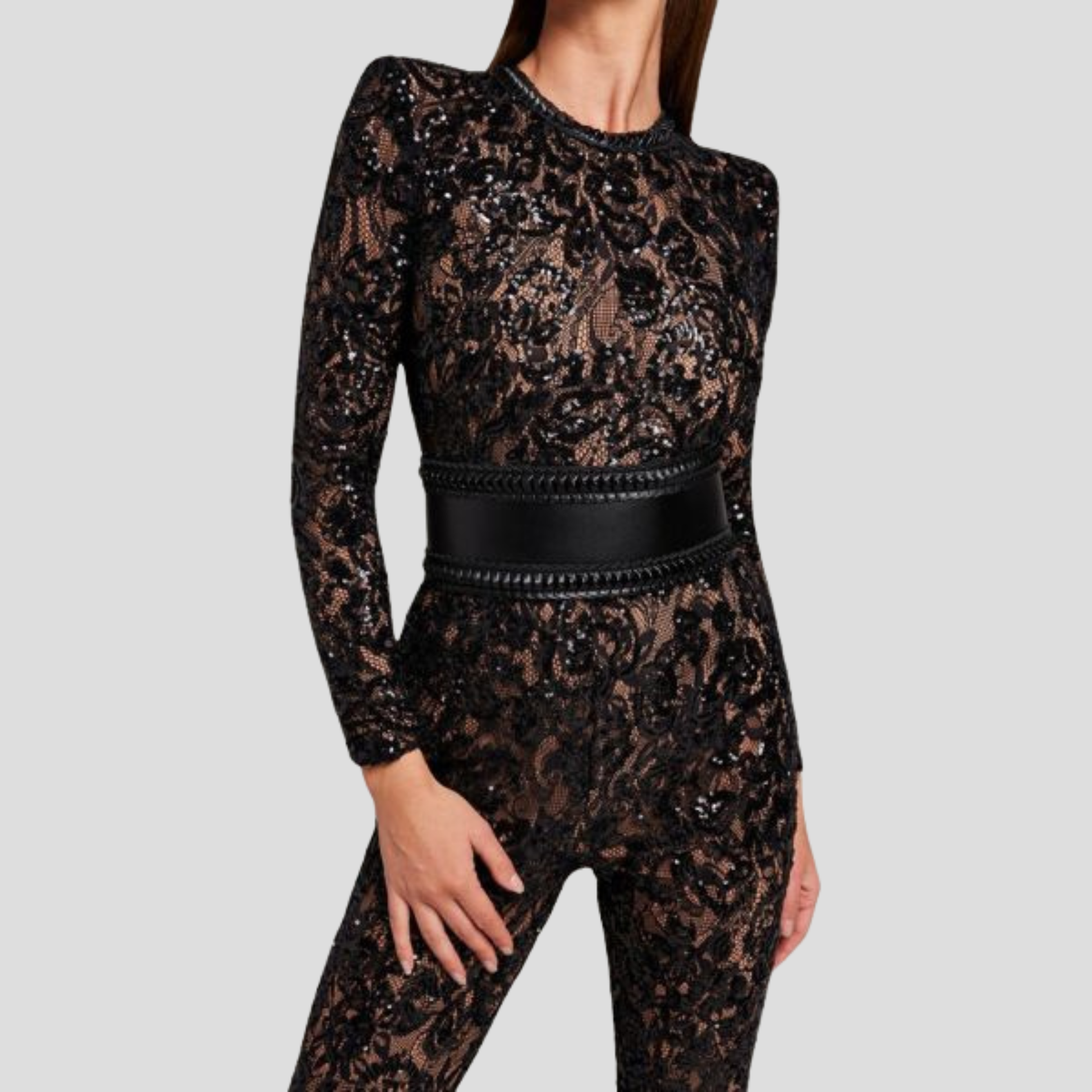 Women's jumpsuit with fitted bodice and flared leg silhouette in black and white