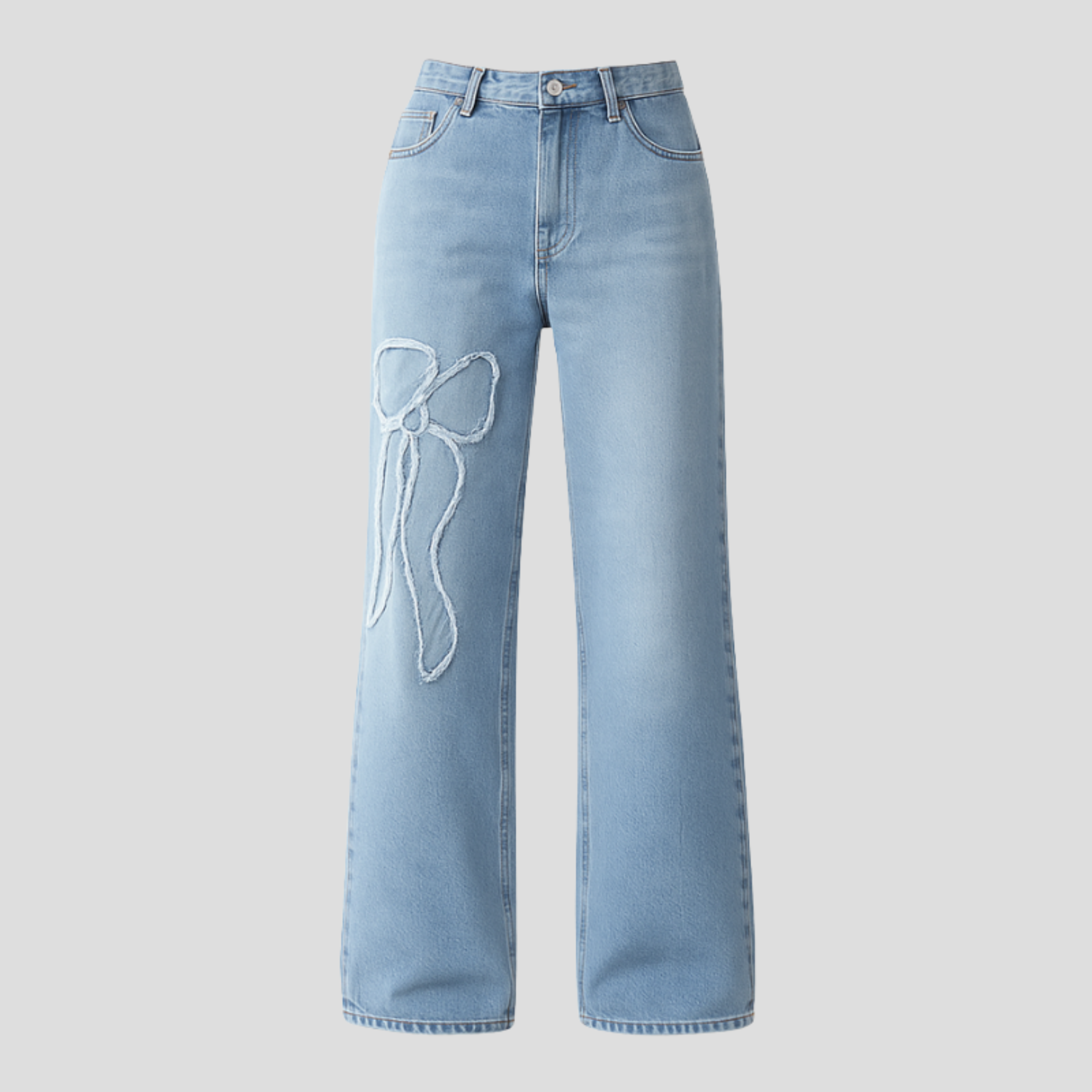 Women's relaxed-fit blue jeans with feminine side bow detail