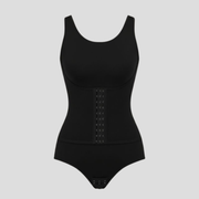 Women's sleeveless ribbed bodysuit with hook-front closure in black and beige