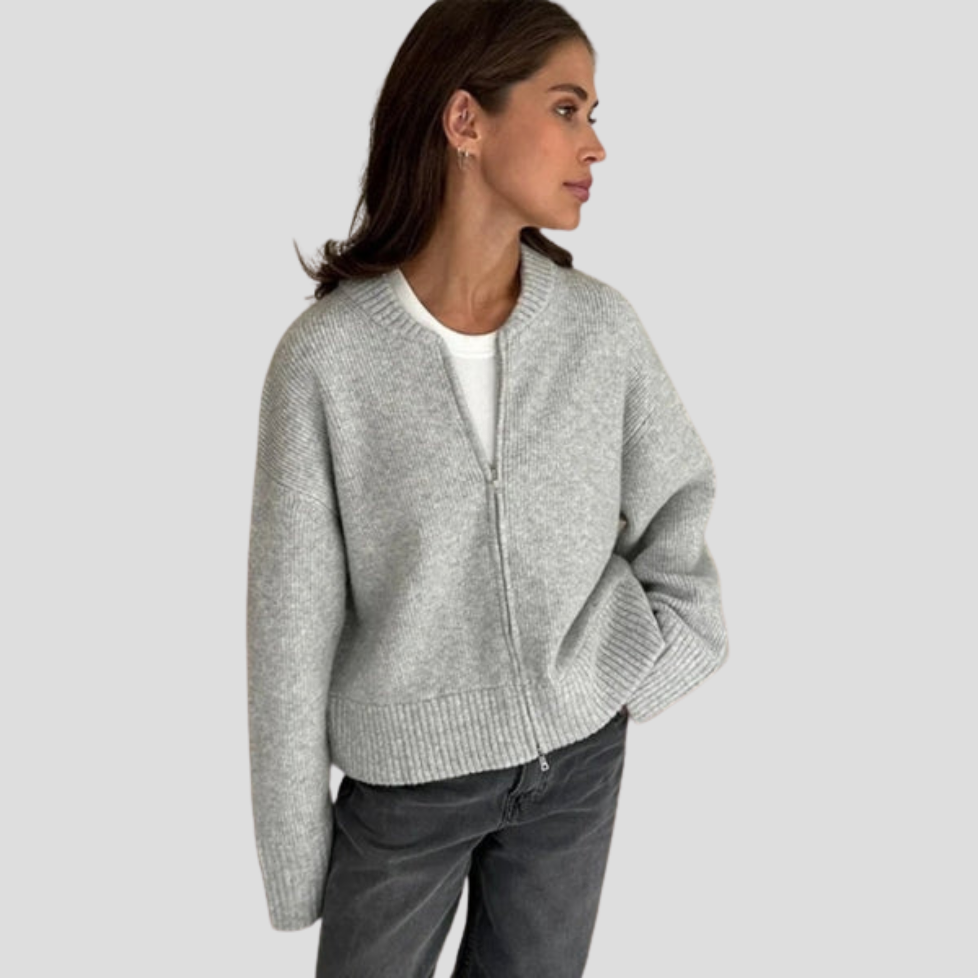 Women's zip-front relaxed cardigan shown in brown, beige and grey
