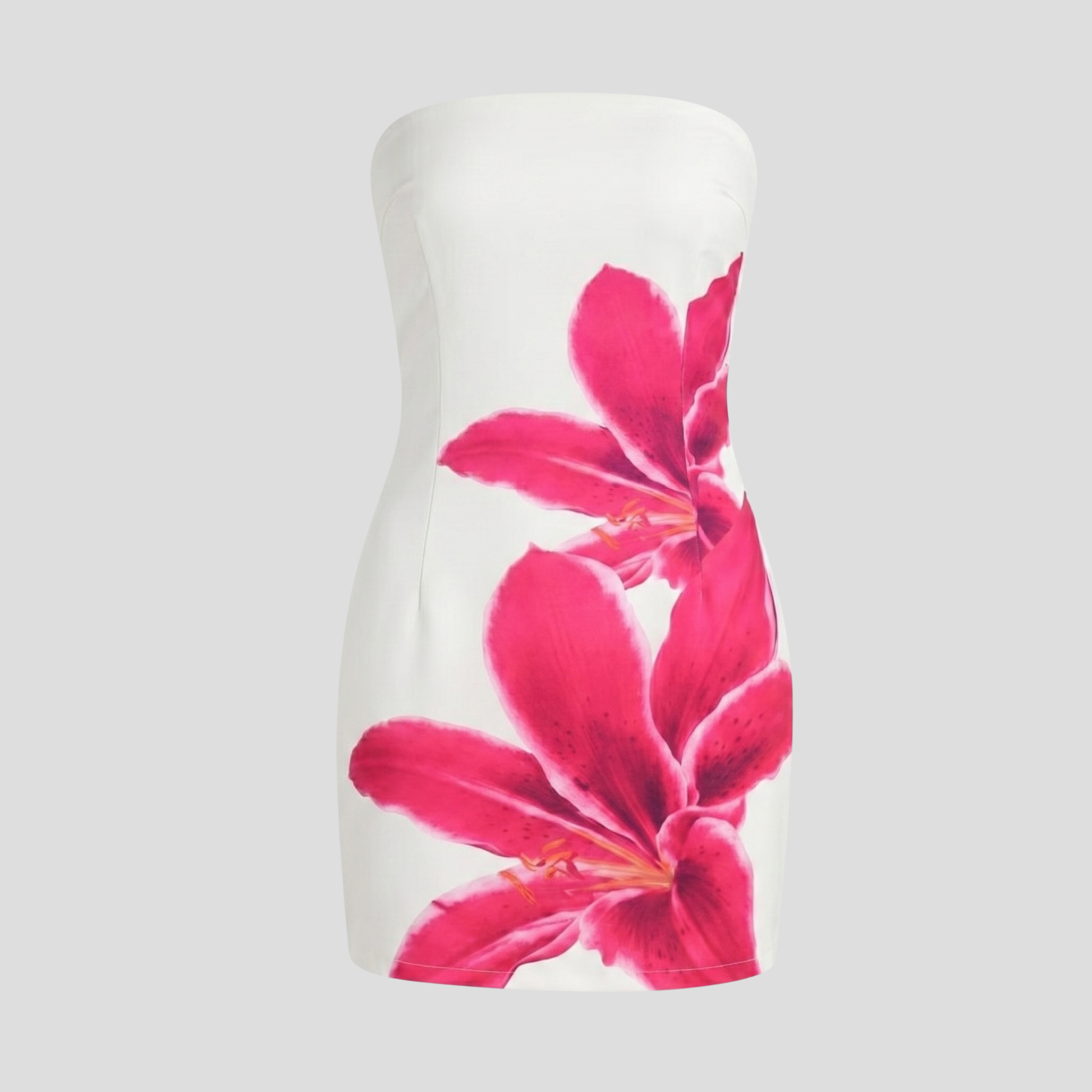 Women's strapless floral mini dress with fitted silhouette in black, blue, and white