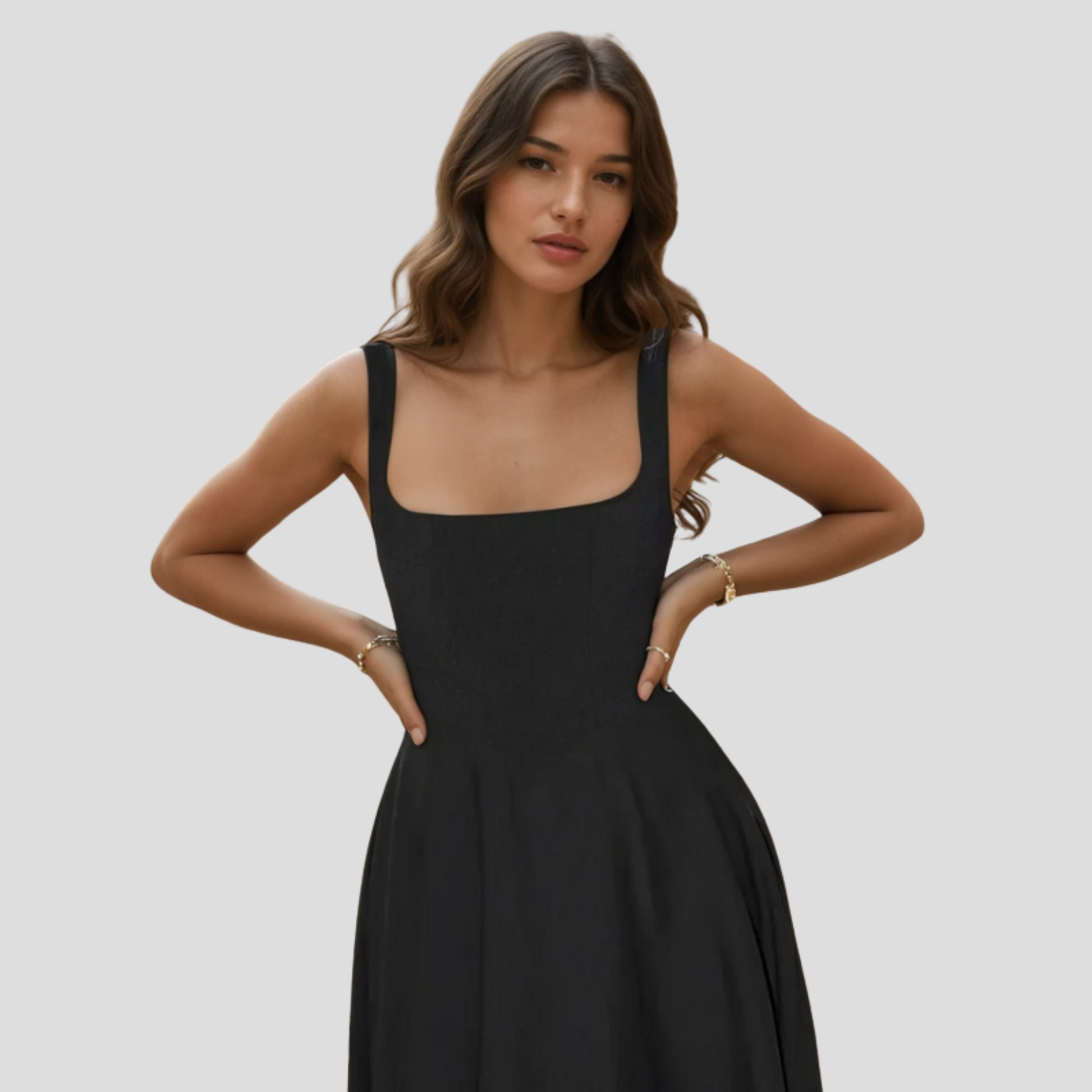 Women's square neckline A-line midi dress in green, white and black