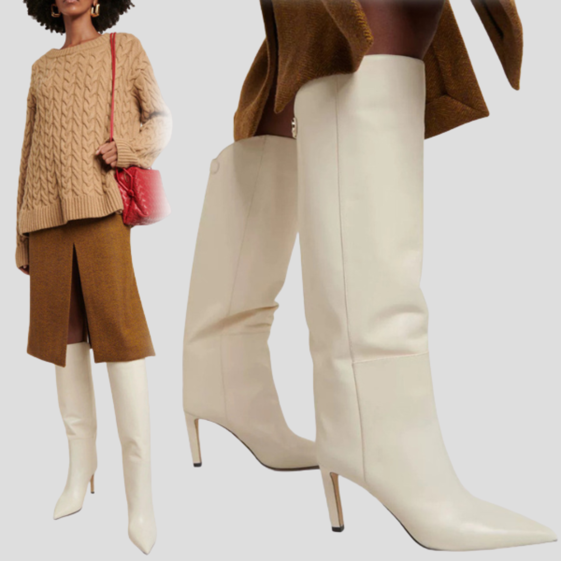 Women's knee-high stiletto heel boots shown in multiple colors