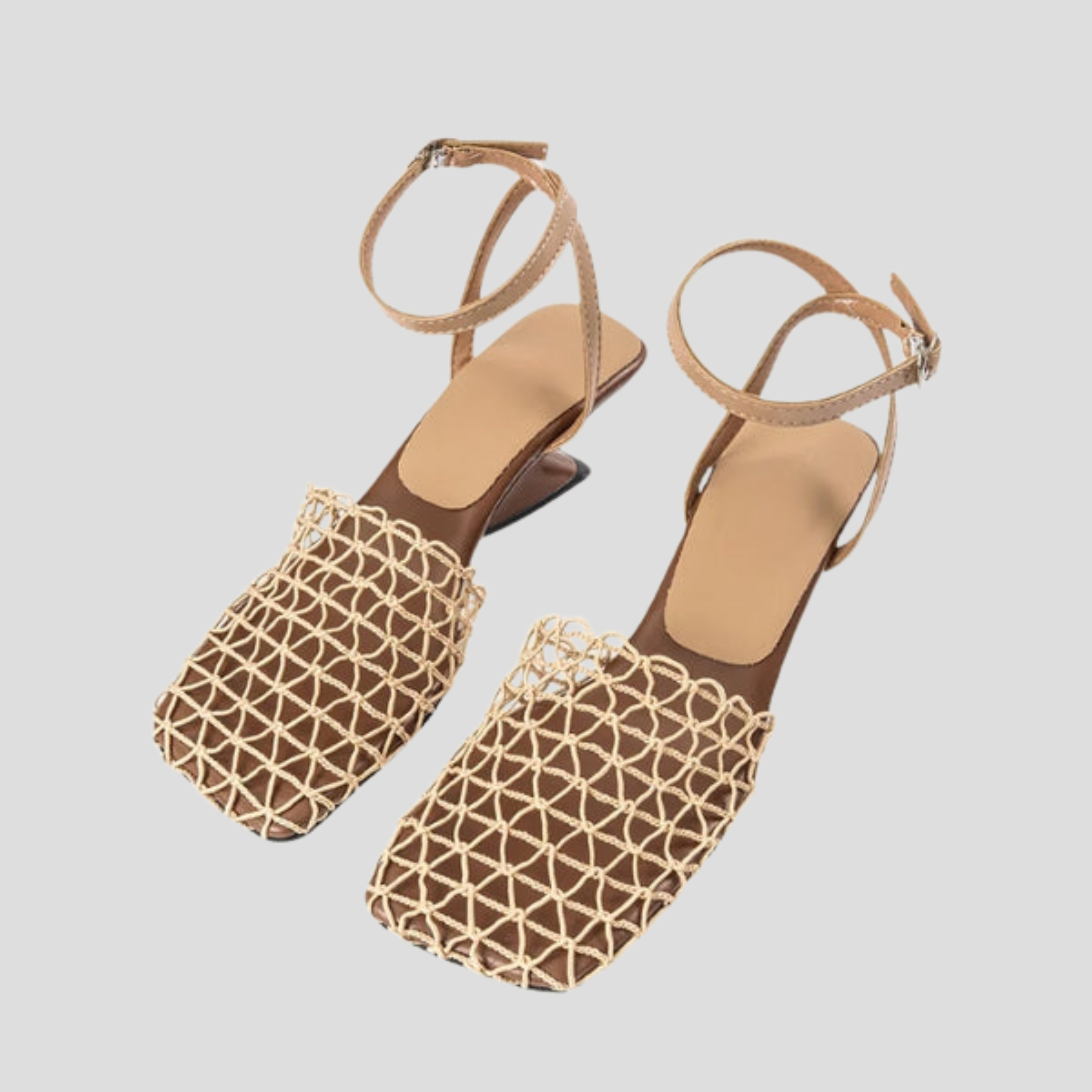 Brown square-toe heeled sandals with net-detail upper for summer
