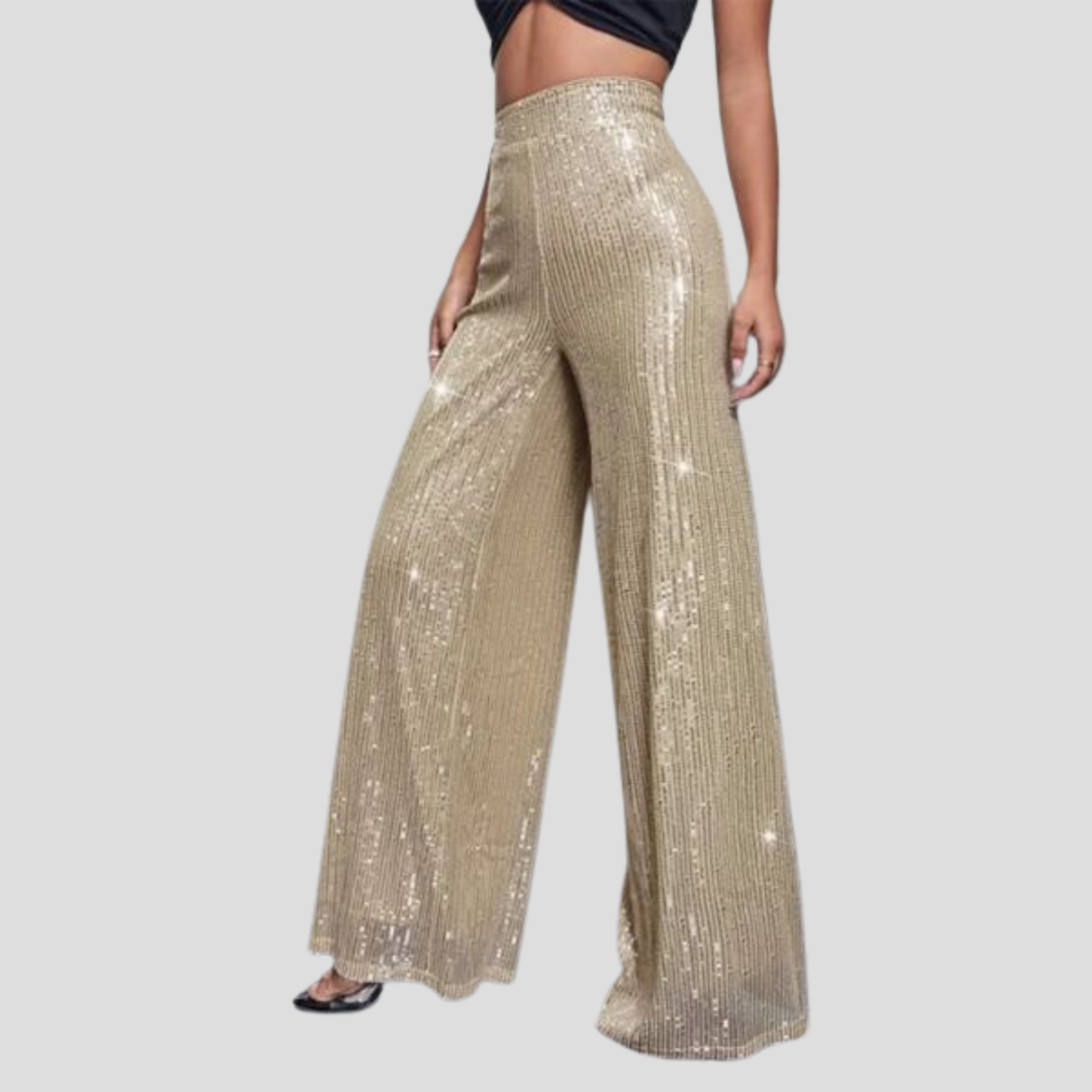 Women's high-waist wide-leg sequin pants in black with shimmering surface detail