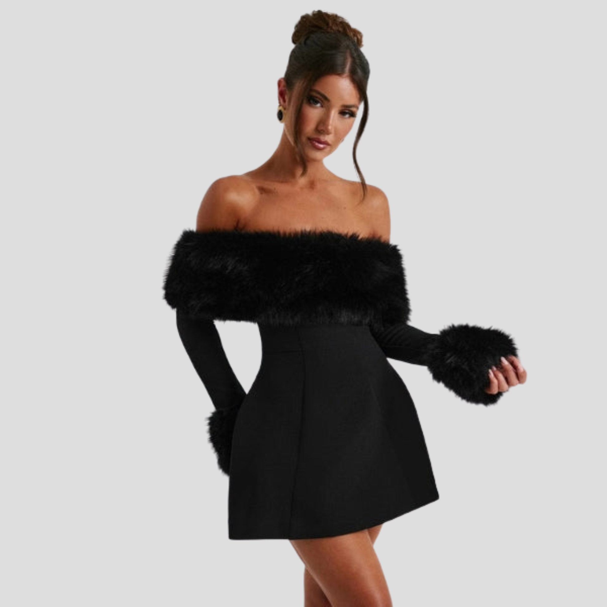 Black off-shoulder mini dress with defined trim silhouette for evening wear
