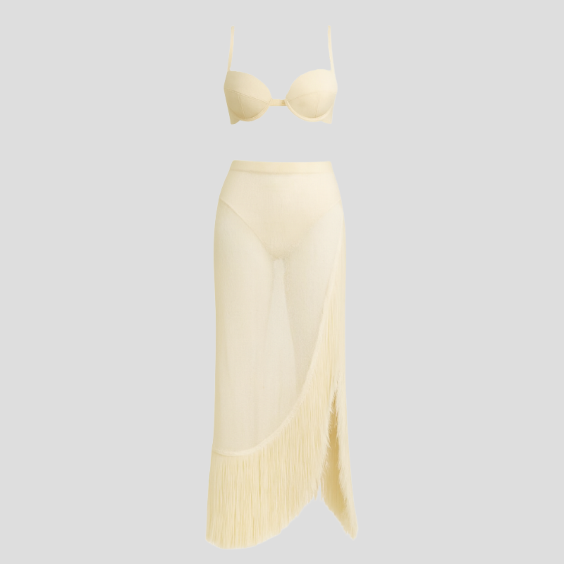 White two-piece set with fitted bralette top and flowing fringe maxi skirt for occasion wear