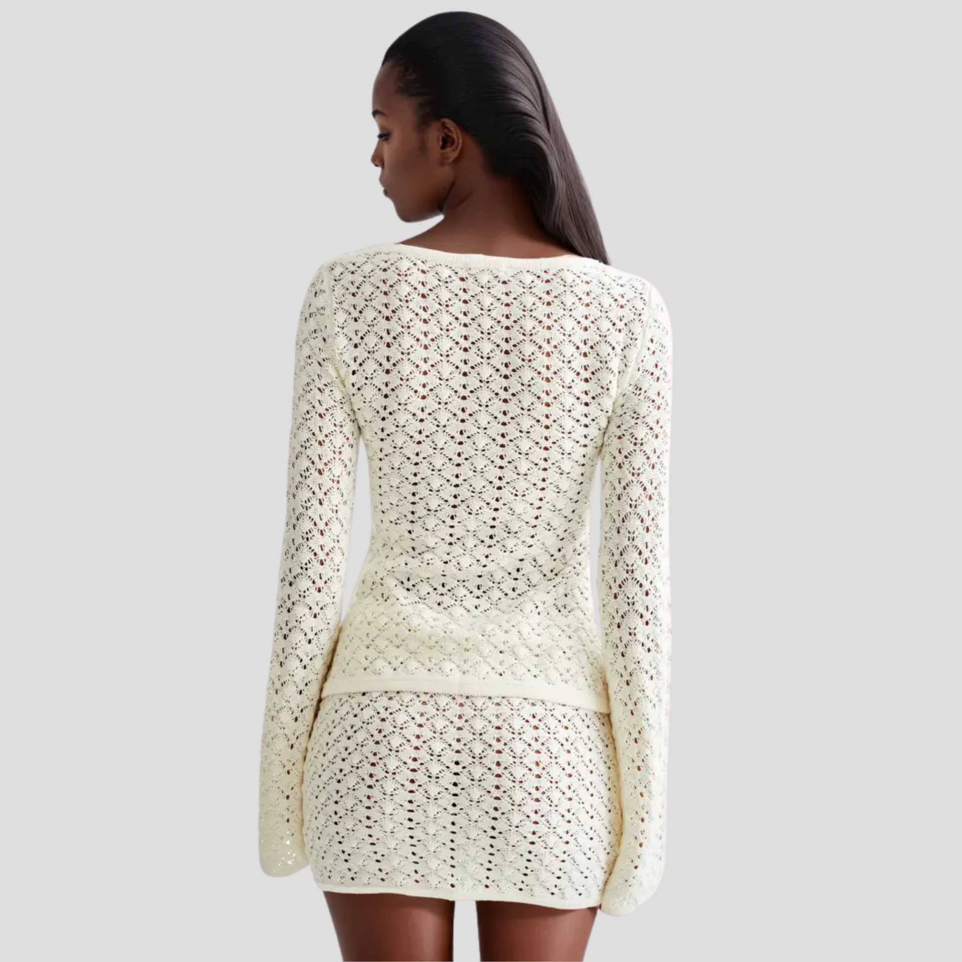 Amalfi V-neck knit top and coordinated front-split skirt set in green and white