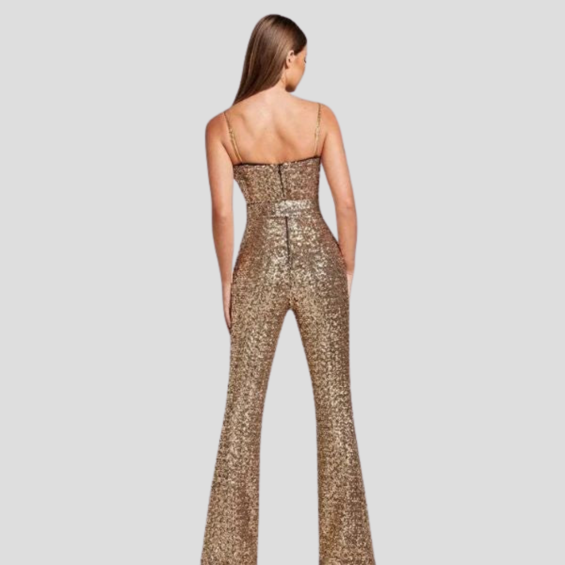 Women's strapless gold jumpsuit with a belted waist