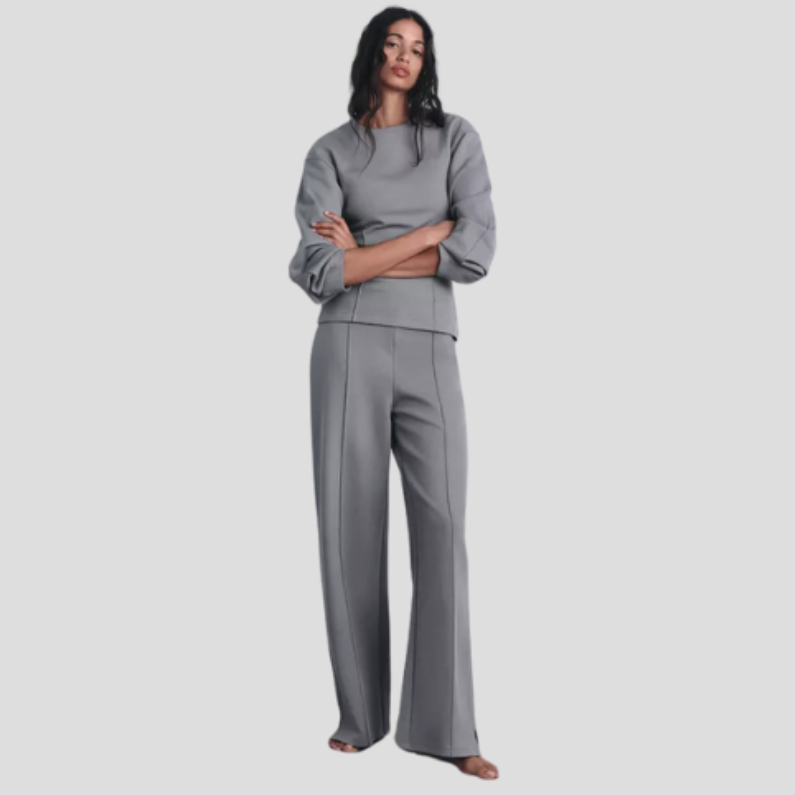 Women's gray coordinated lounge set with relaxed top and matching bottom