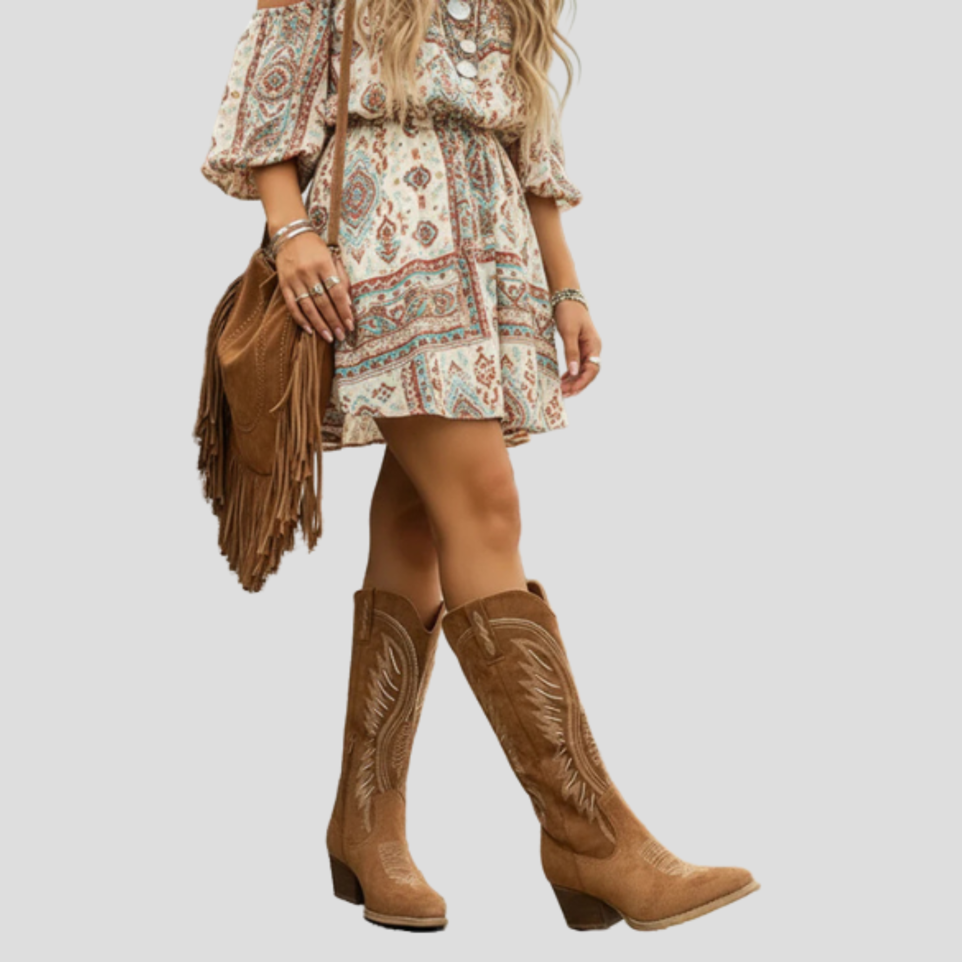 Women's Western-style embroidered pointed-toe boots with block heel