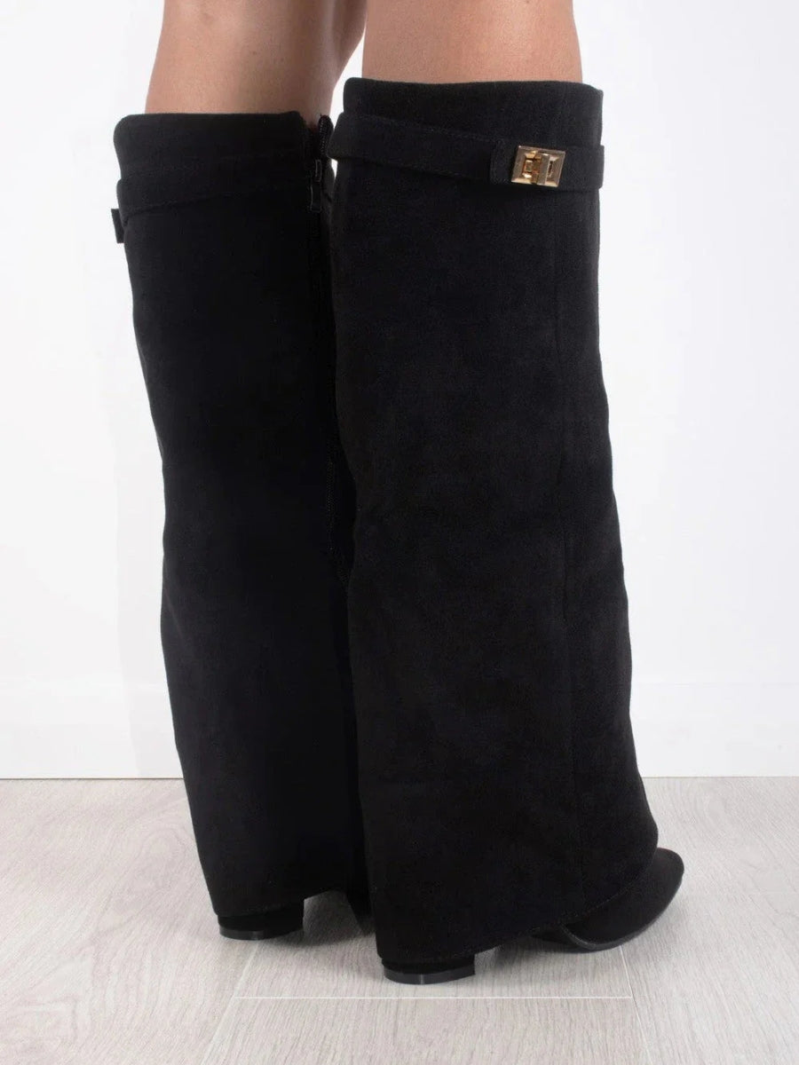 Elegant women's suede and leather boots with subtle golden accents