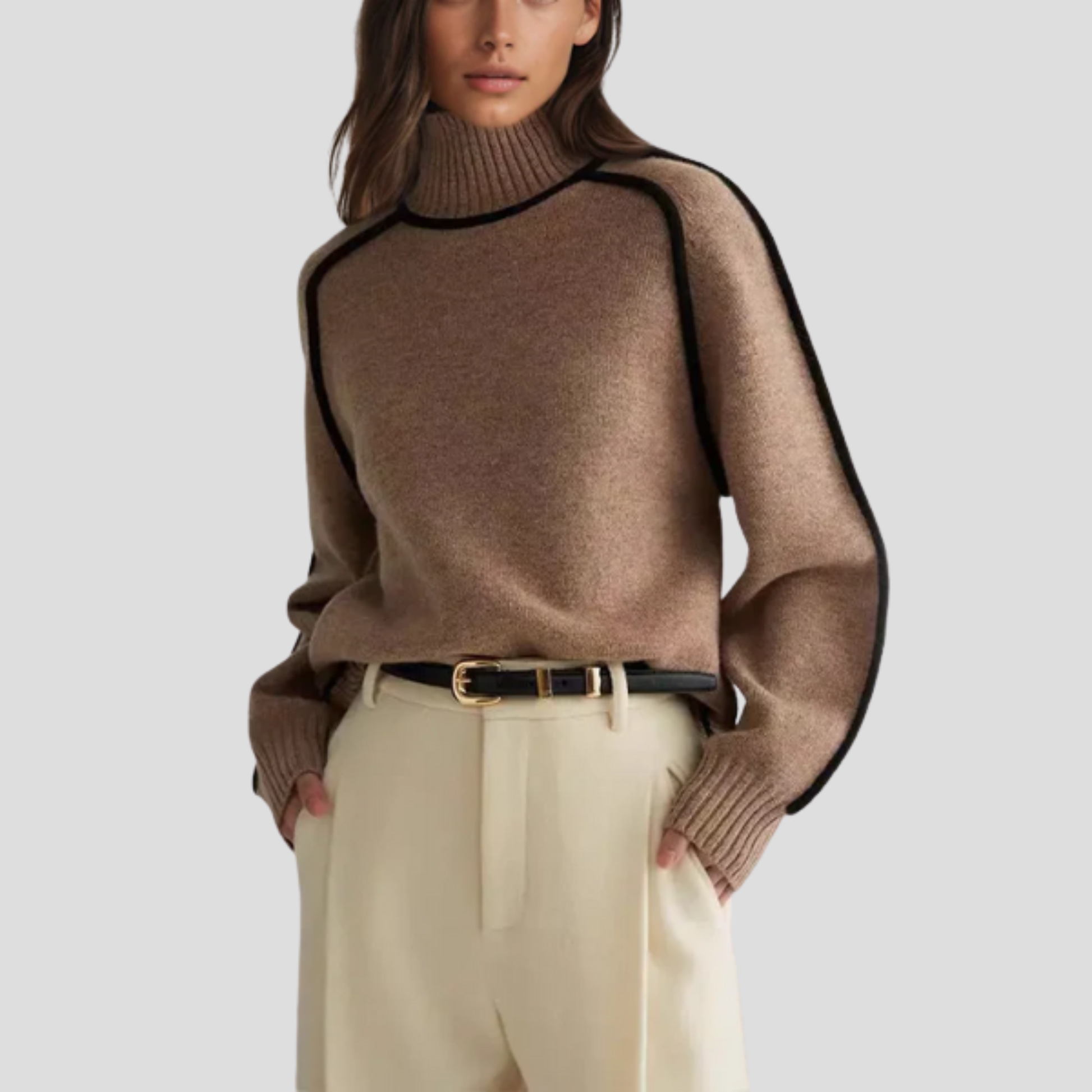 Women's high neck long sleeve sweater with a clean, structured silhouette