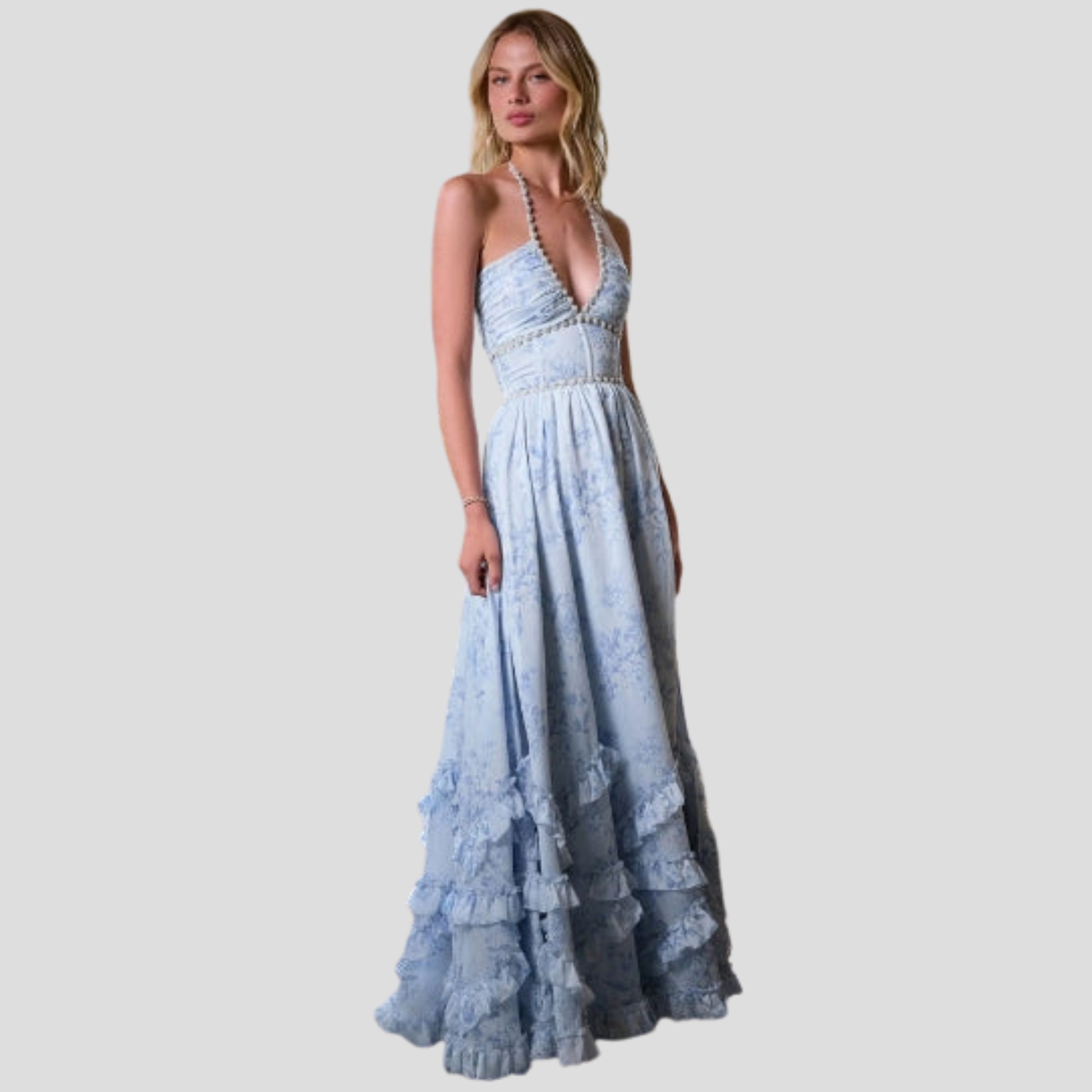 Blue maxi dress with corset bodice and ruffled hem for evening wear