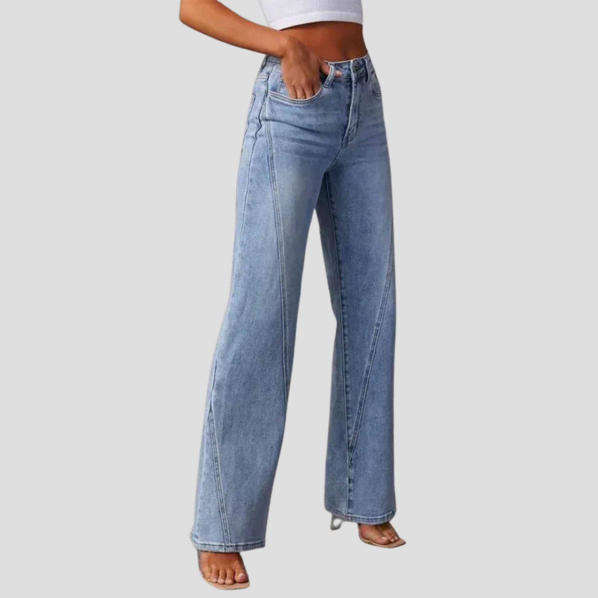 Women's high-waist wide-leg blue jeans styled for casual everyday wear