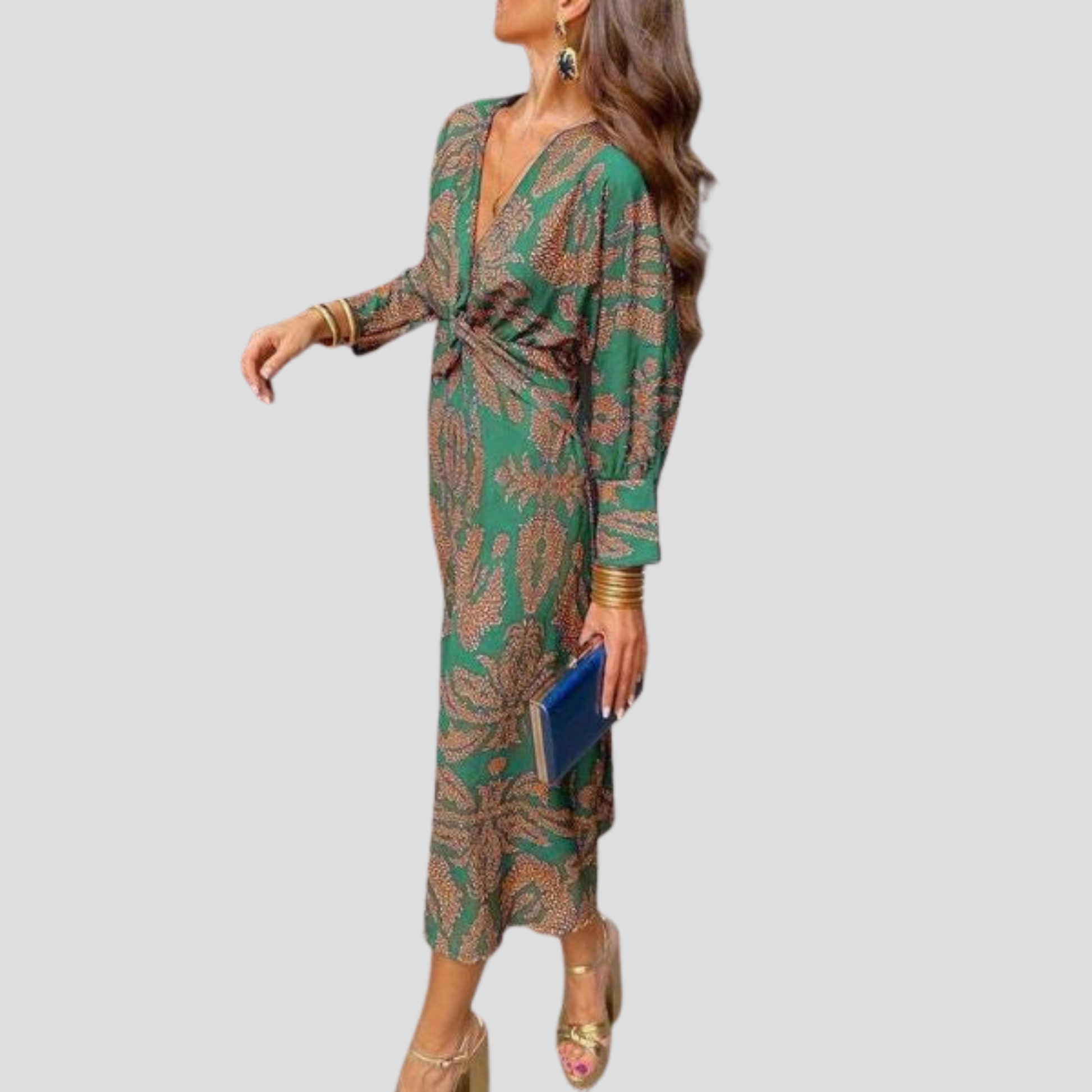 Women's flowing midi dress with defined waist shown in blue, green, red and purple