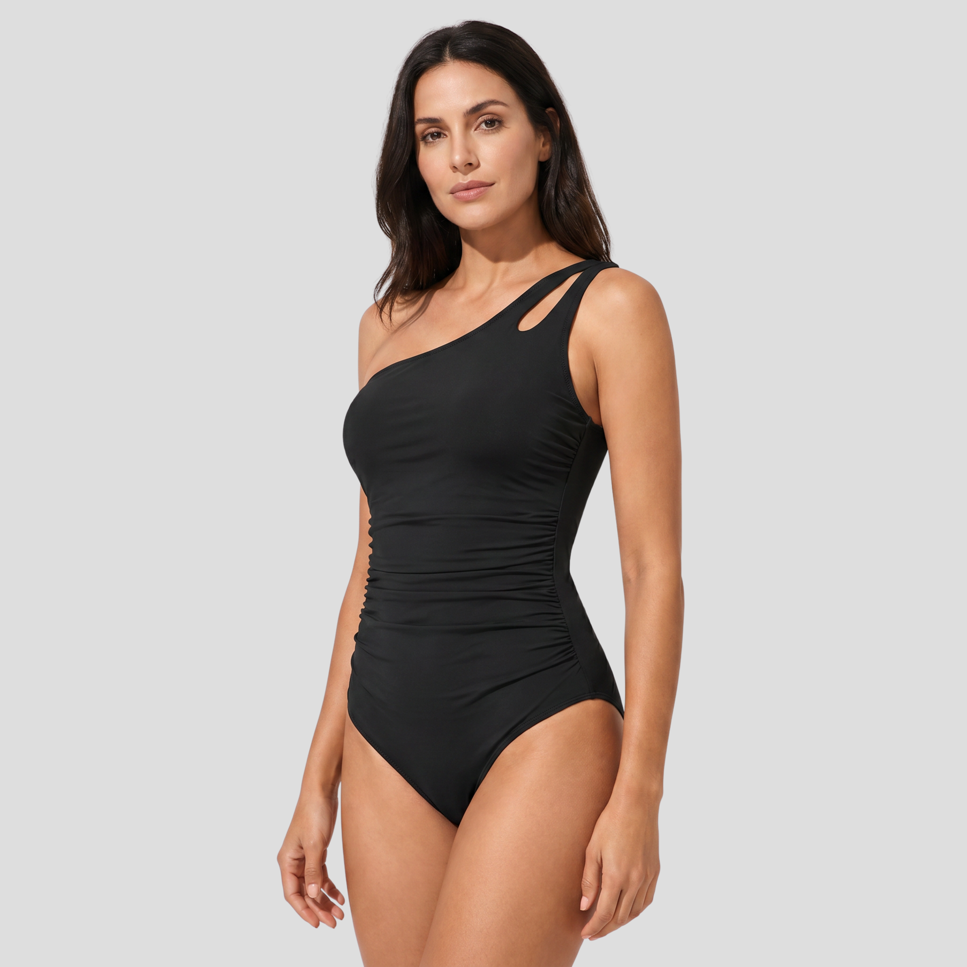 Women's one-shoulder one-piece swimsuit with side ruching and asymmetric back strap