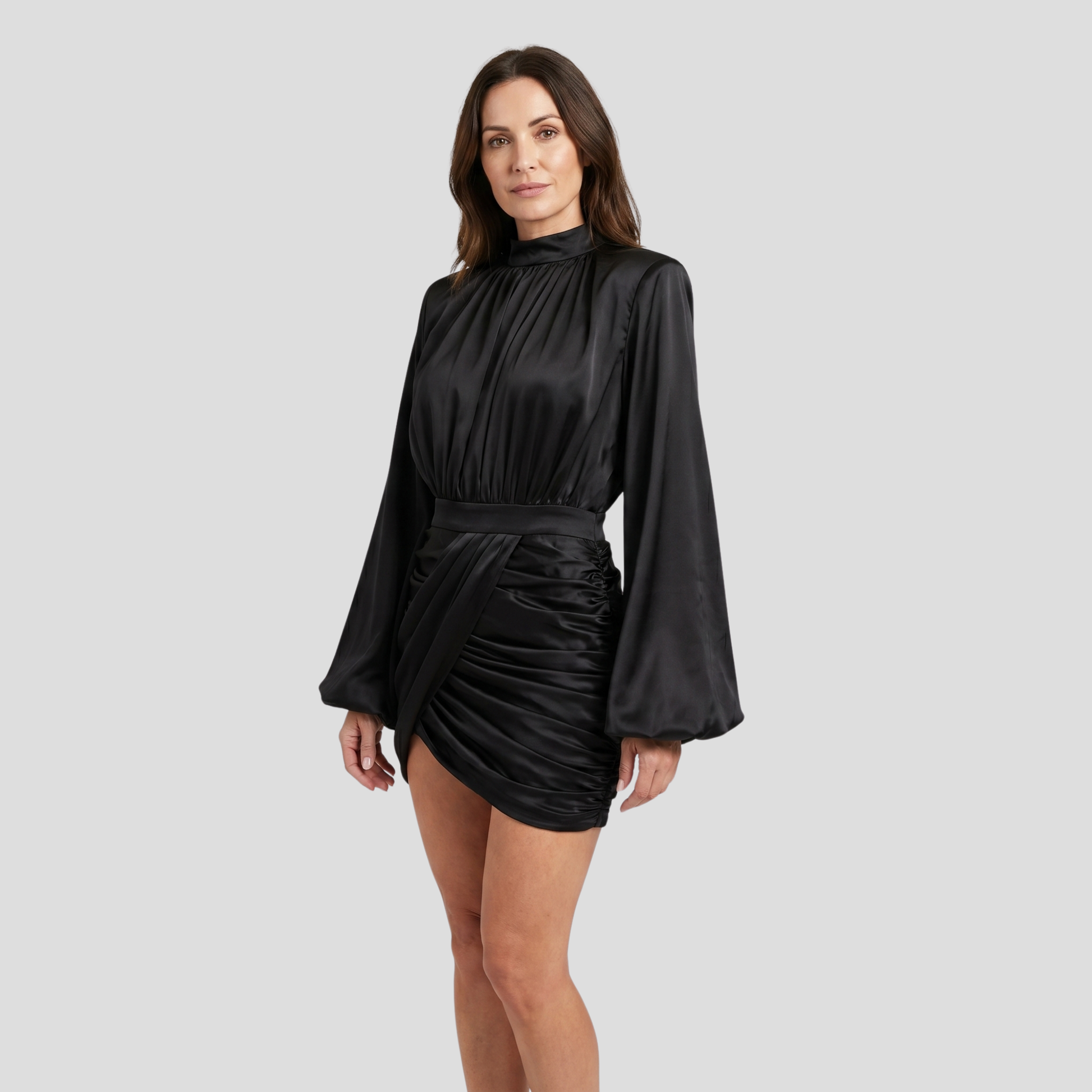 Women's high neckline ruched mini dress with balloon sleeves in black and white