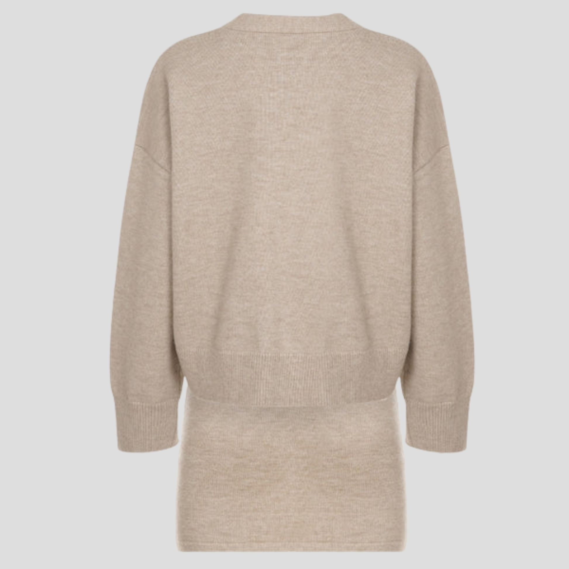 Beige women's two-piece set with V-neck cardigan and coordinated mini skirt