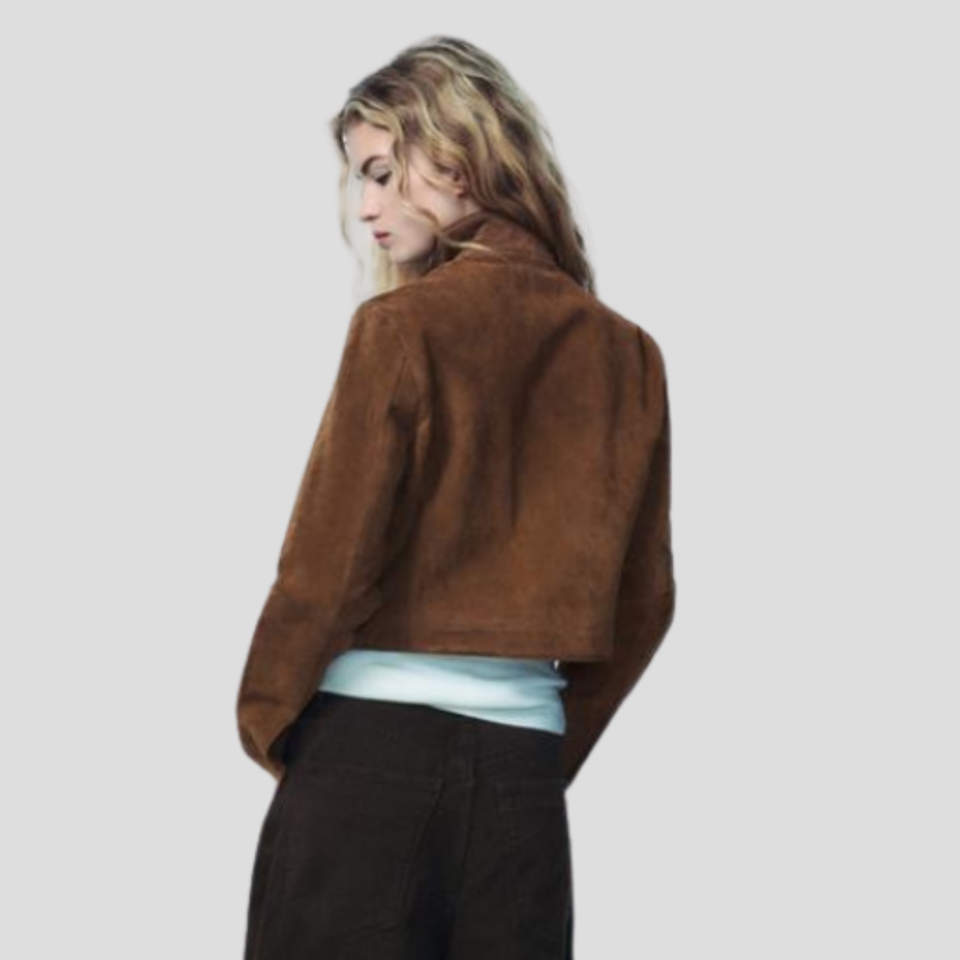Brown cropped women's jacket with high collar and front zip detail