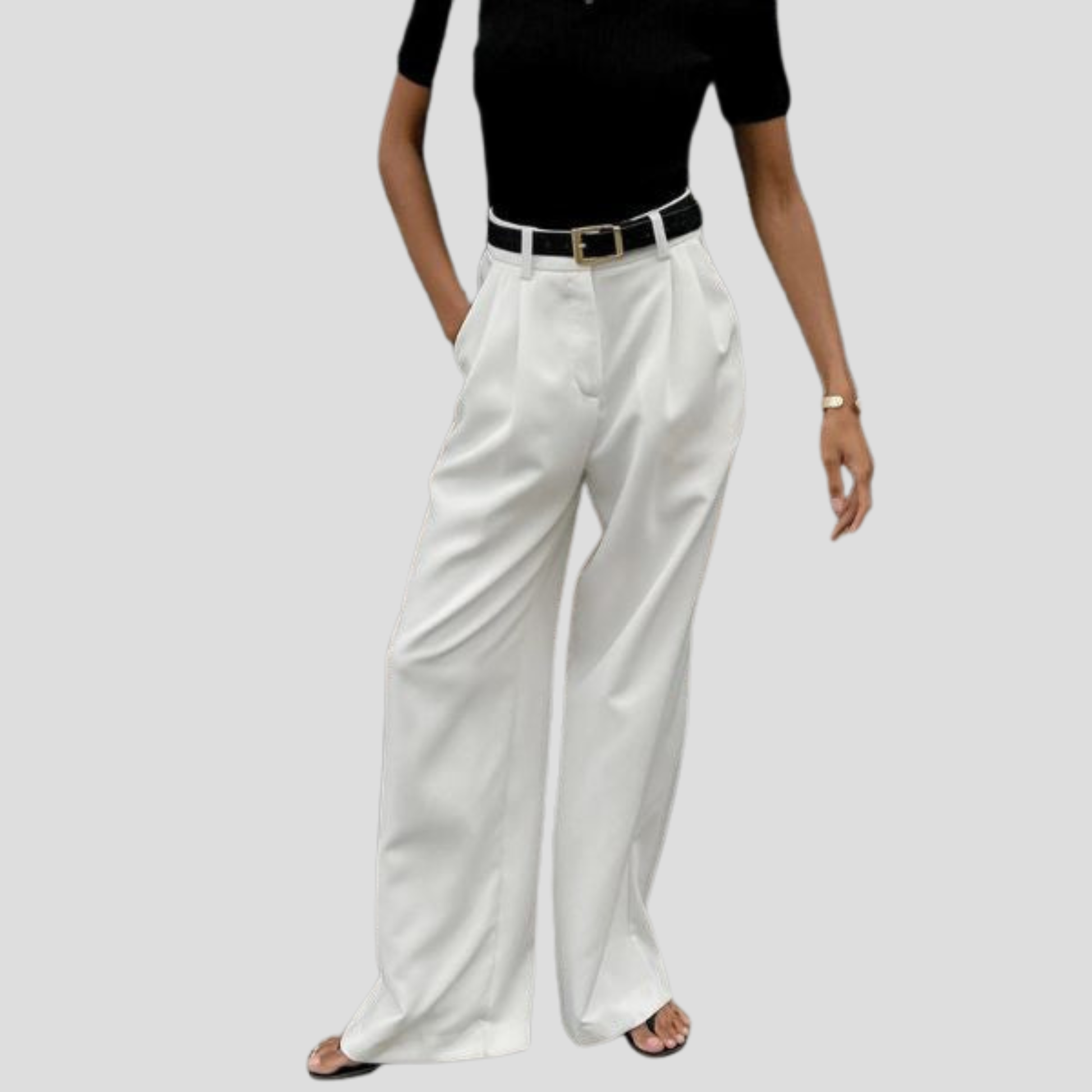 Women's high-waist wide-leg trousers shown in black and white
