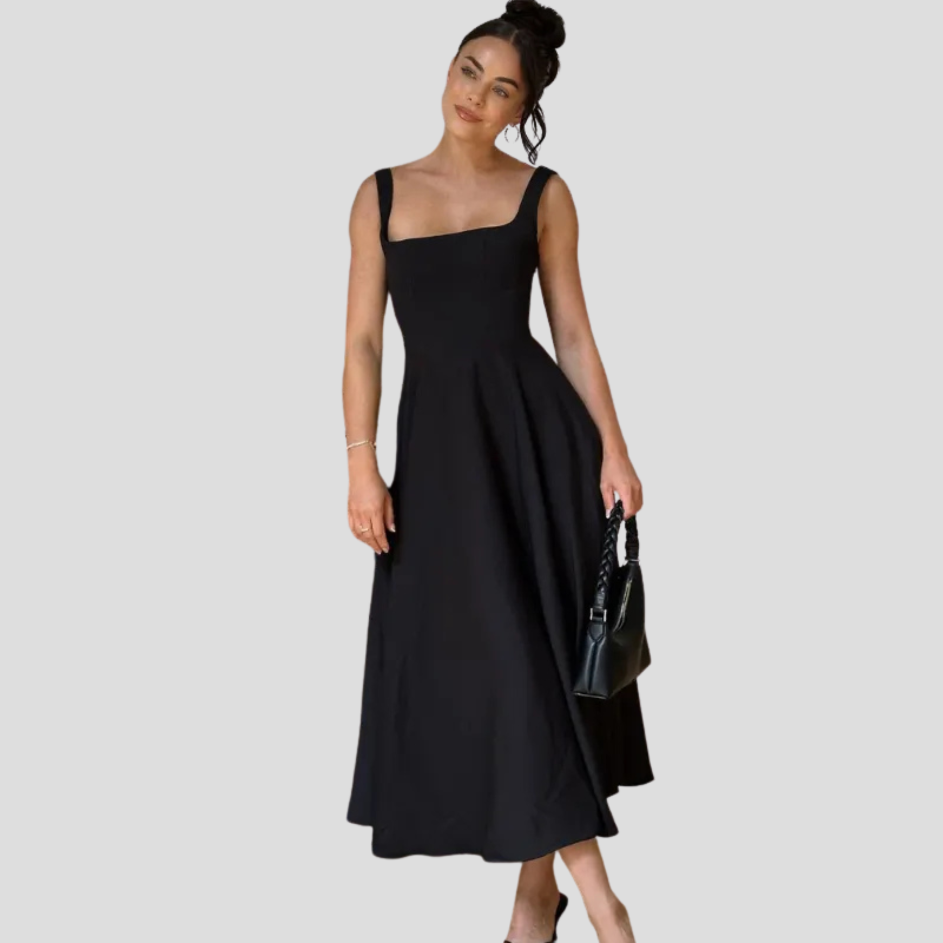 Women's square neckline A-line midi dress in green, white and black