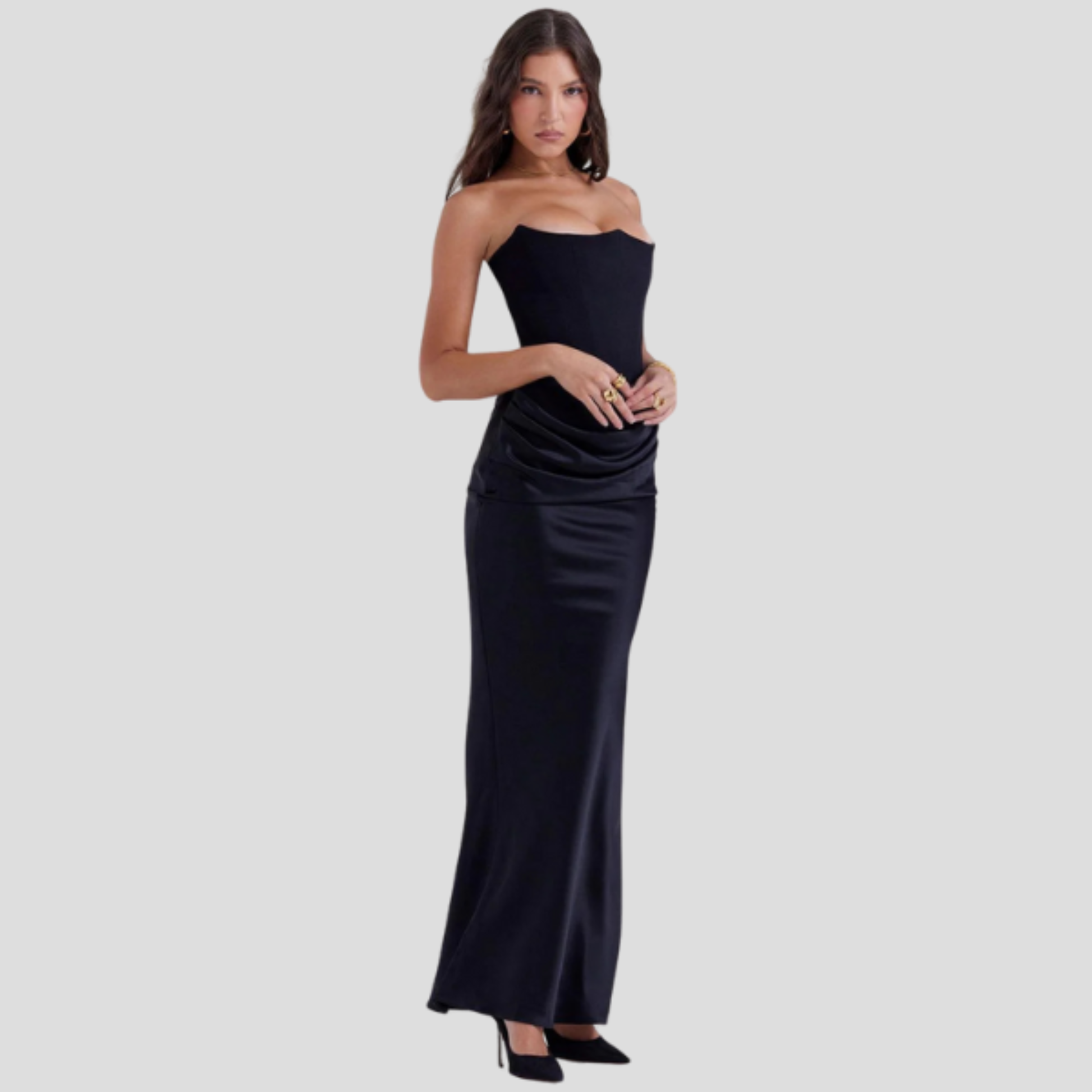 Strapless corset bodice maxi dress with draped waist in a full-length evening silhouette