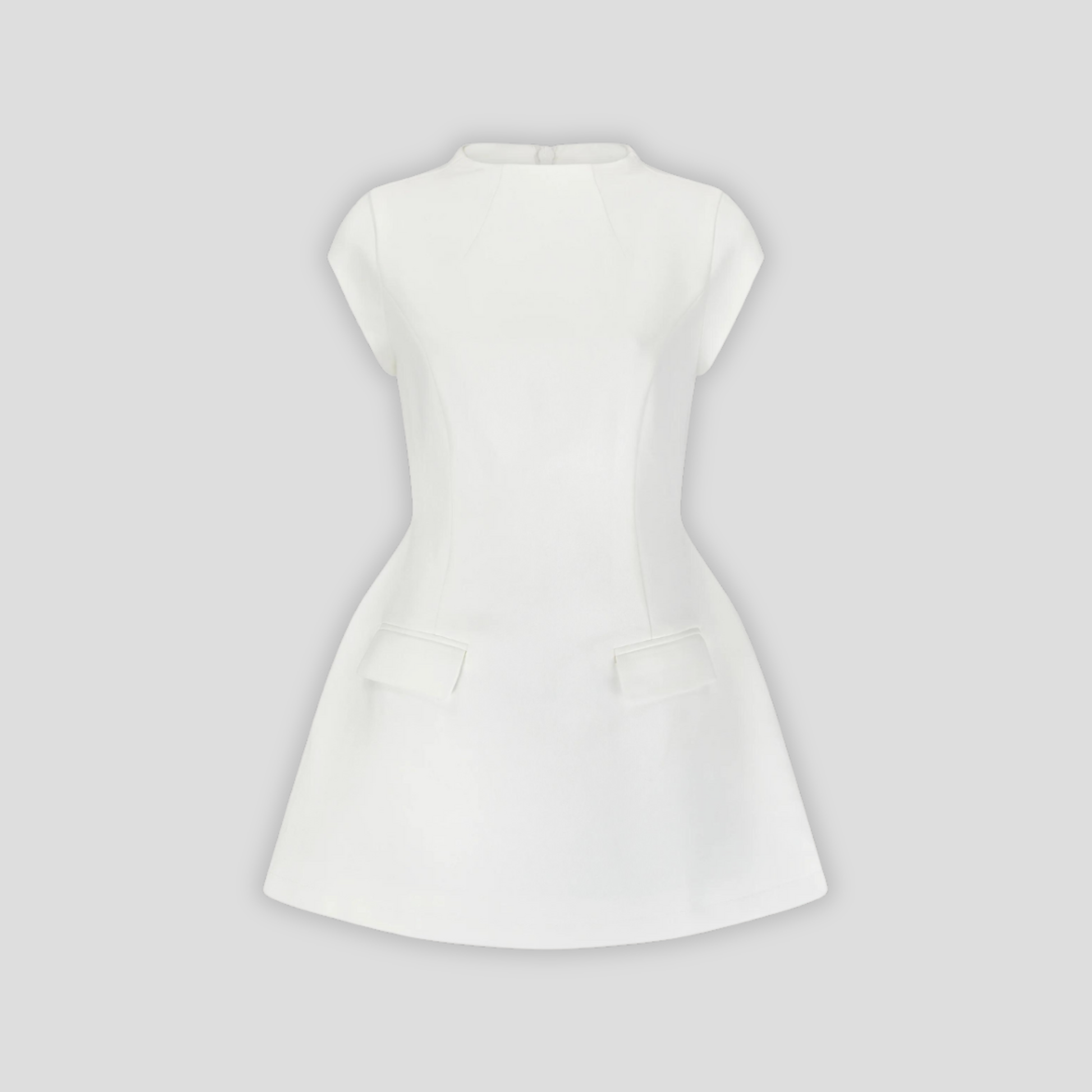 Women's high-neck mini dress with cinched waist in black and white for evening wear