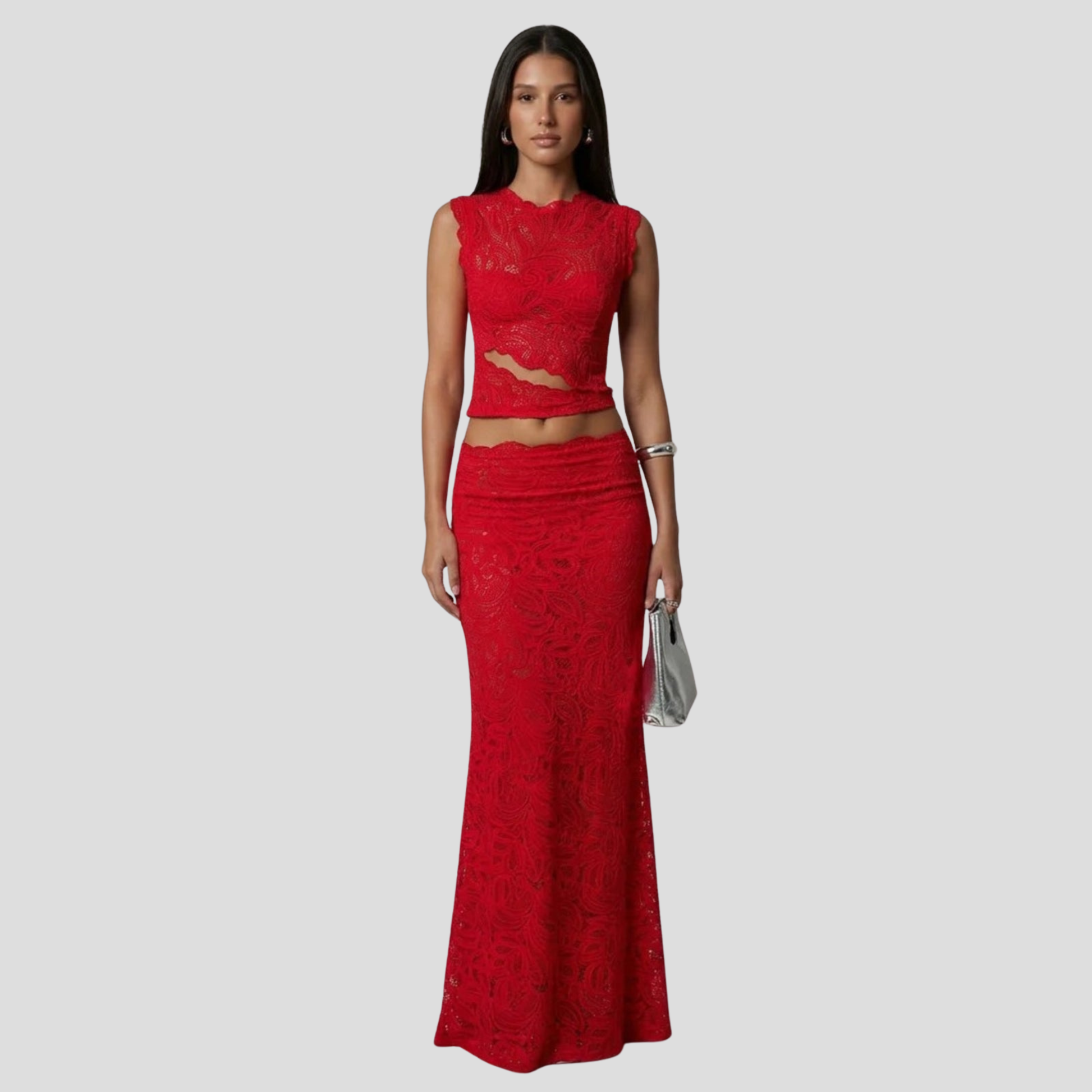 Women's two-piece maxi set with sleeveless cropped top and high-waist skirt in black and red