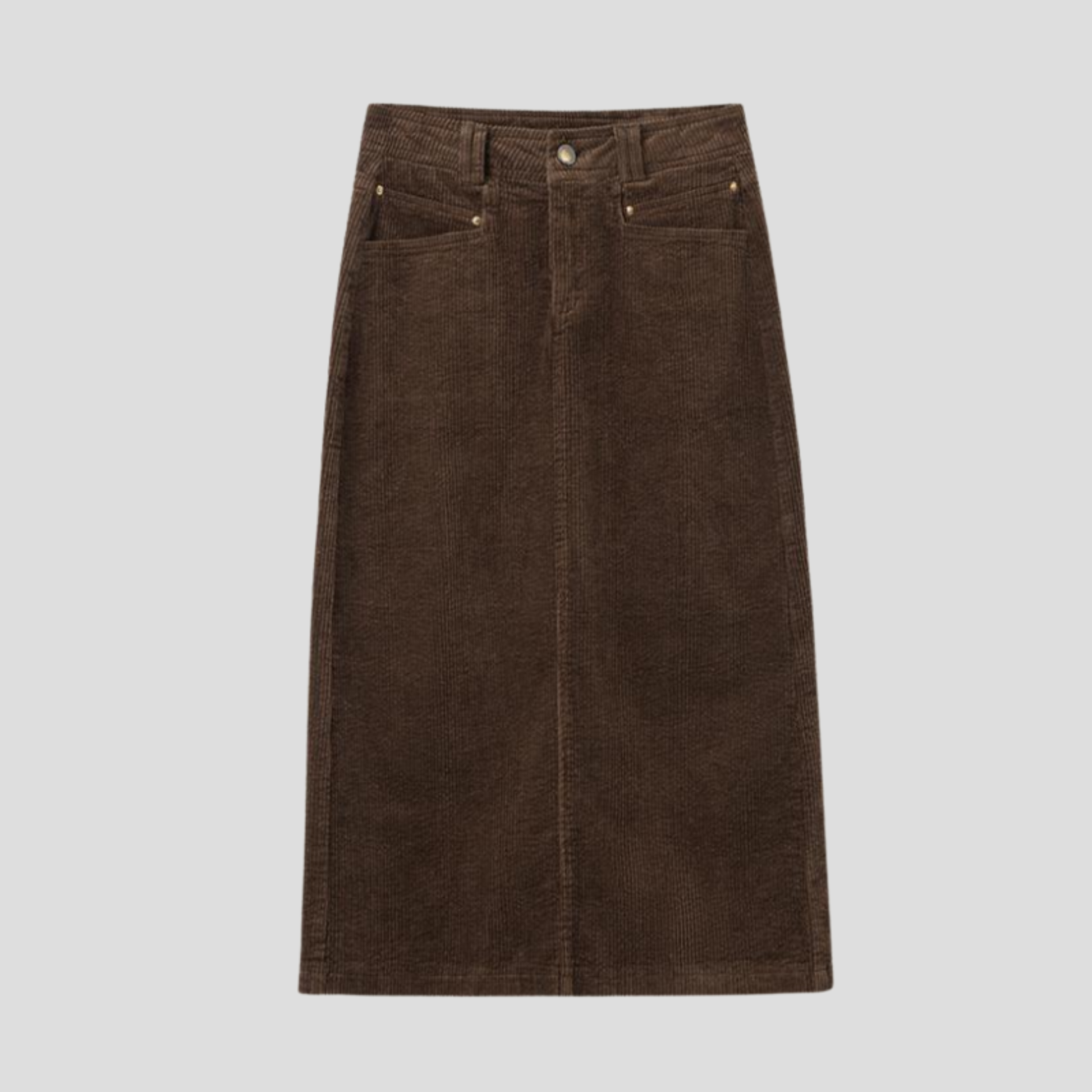 Brown high-waist midi skirt with textured vertical rib pattern