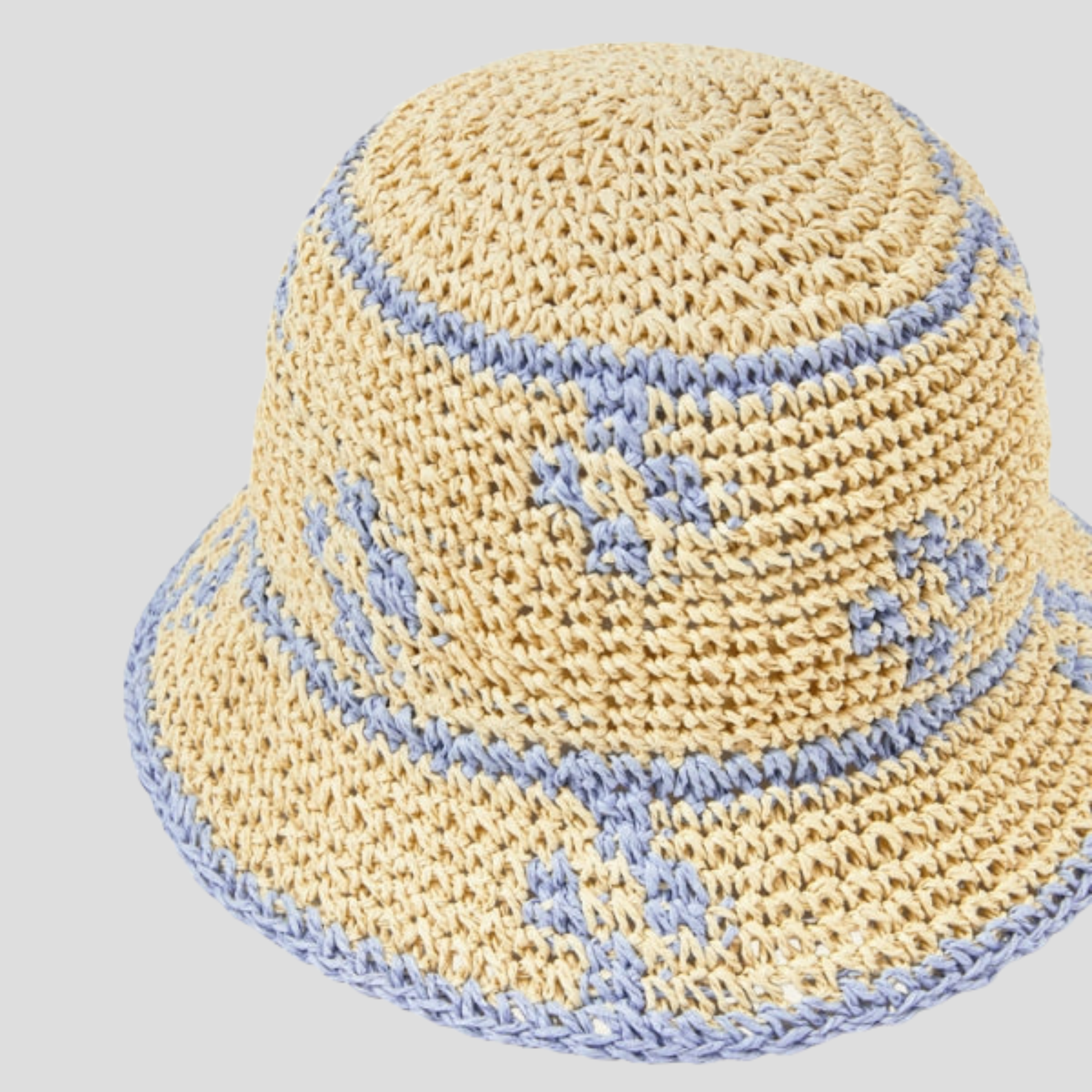 Beige two-tone woven bucket hat with a structured brim for women