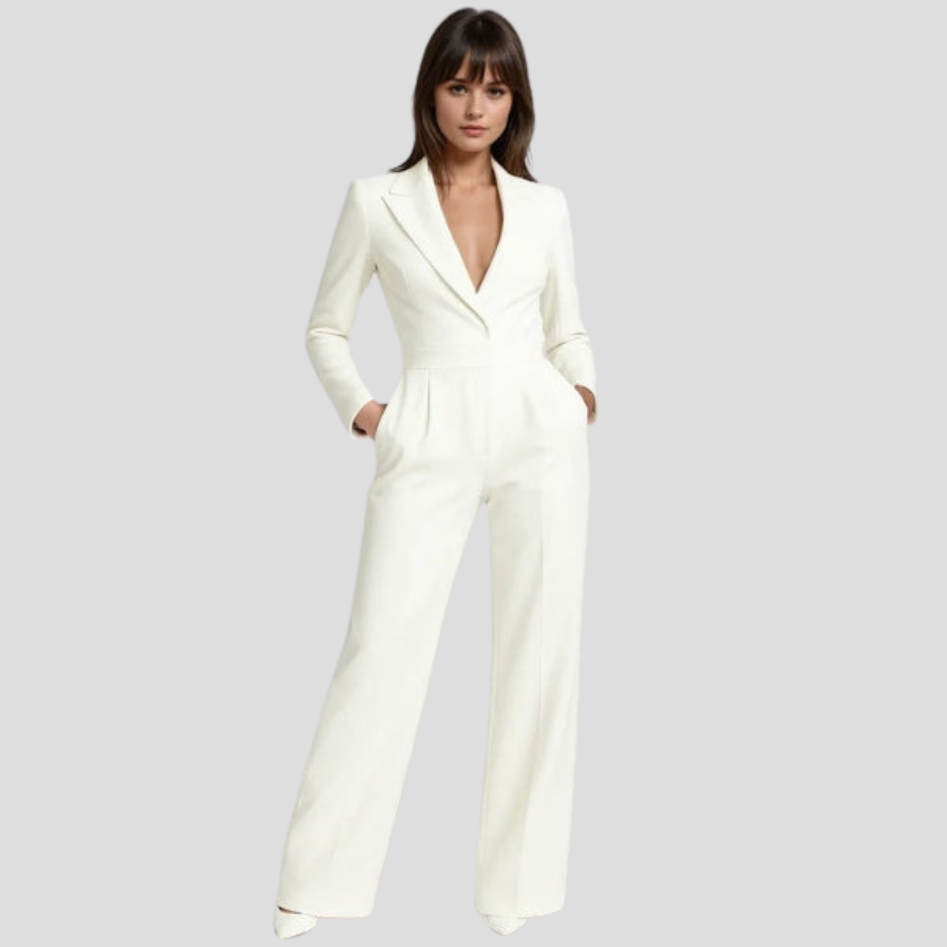 Women's V-neck wide-leg jumpsuit shown in red, white, and green