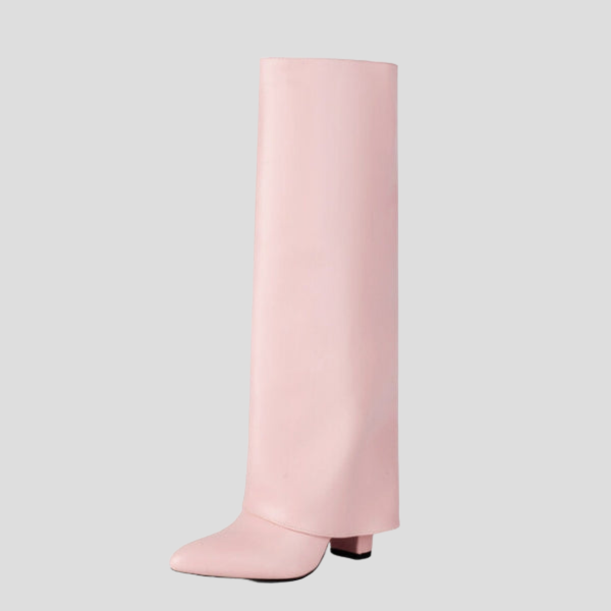 Sculpted knee-high boots with square heel, shown in black, pink and white