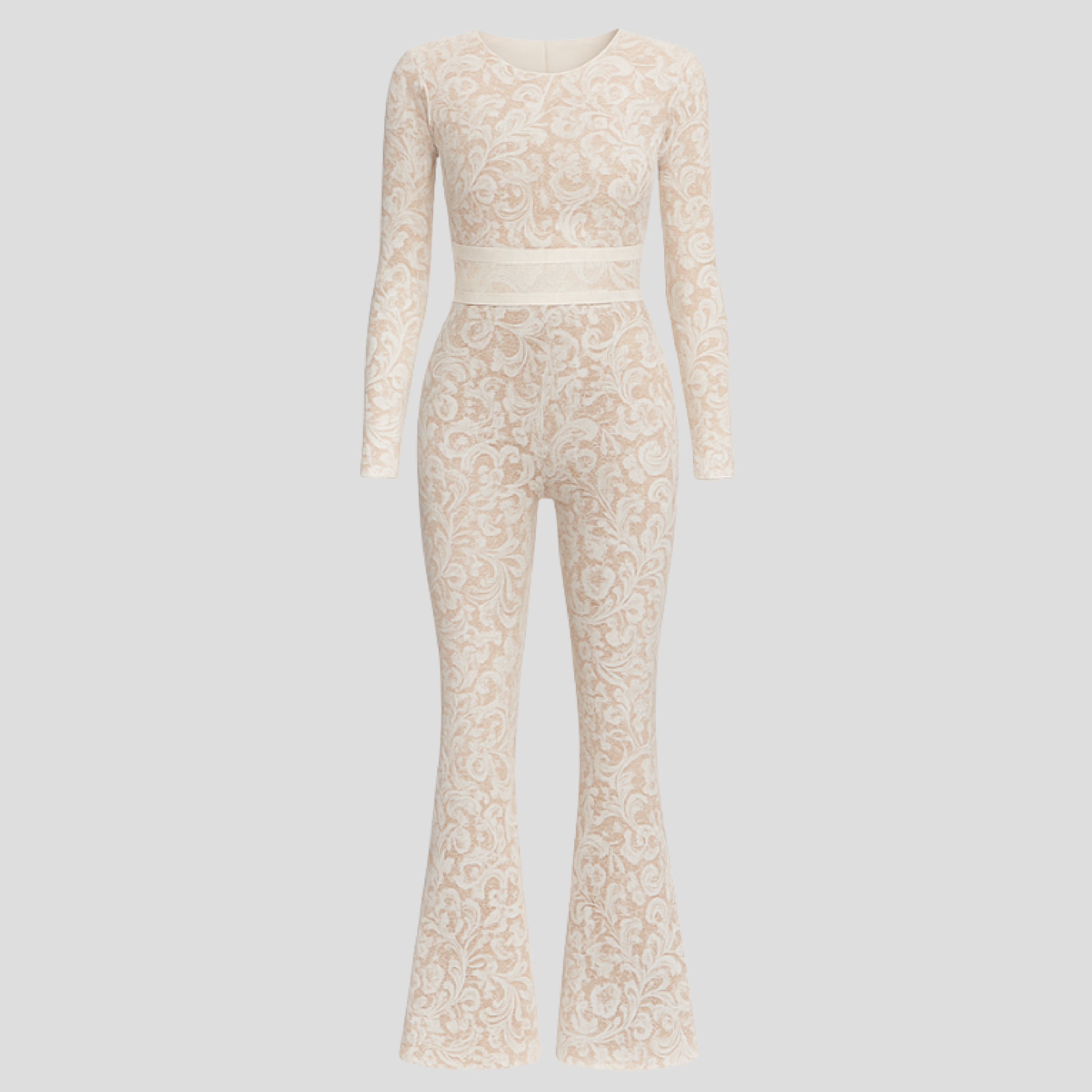 Women's jumpsuit with fitted bodice and flared leg silhouette in black and white