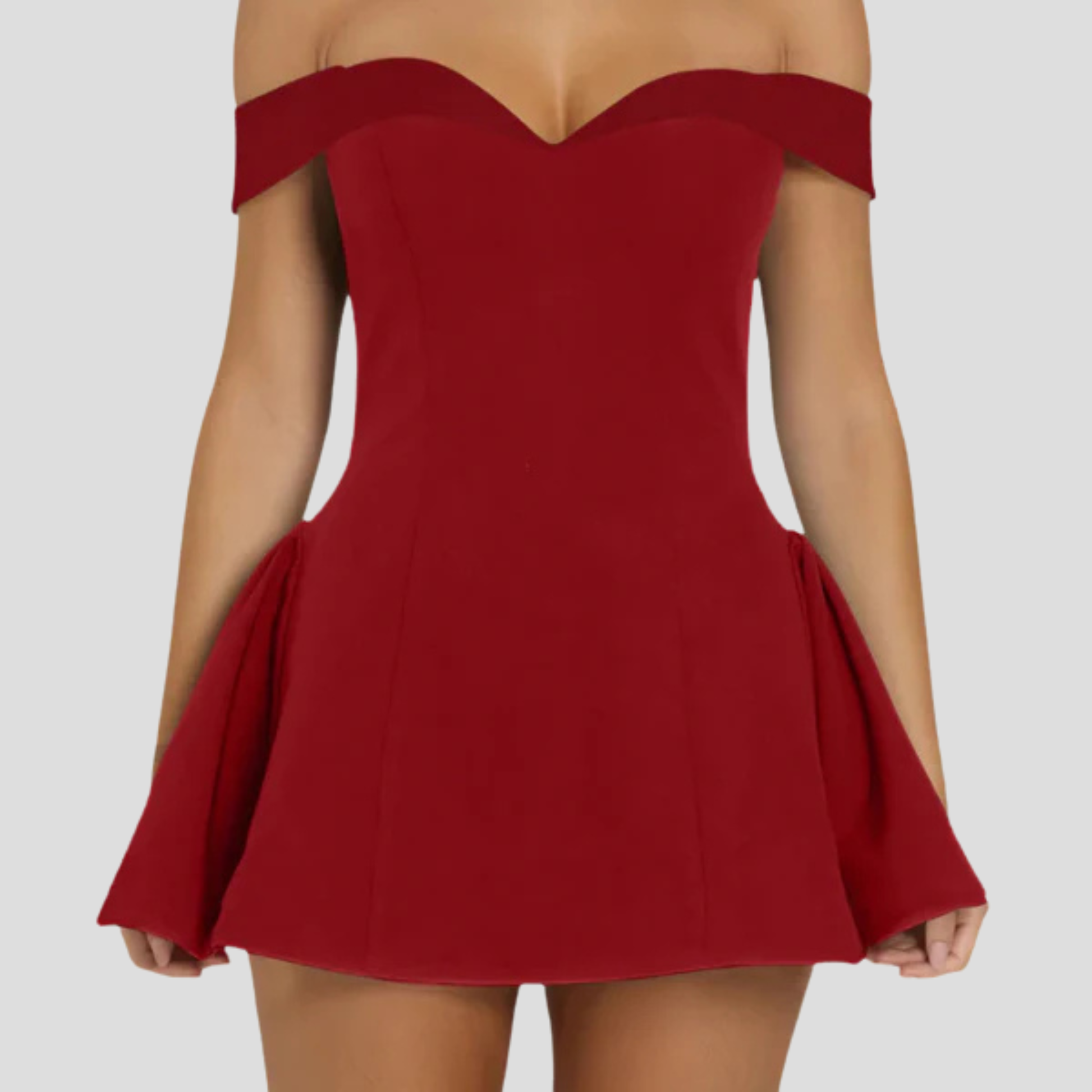 Off-shoulder mini dress with sweetheart neckline and flared hem in black and red