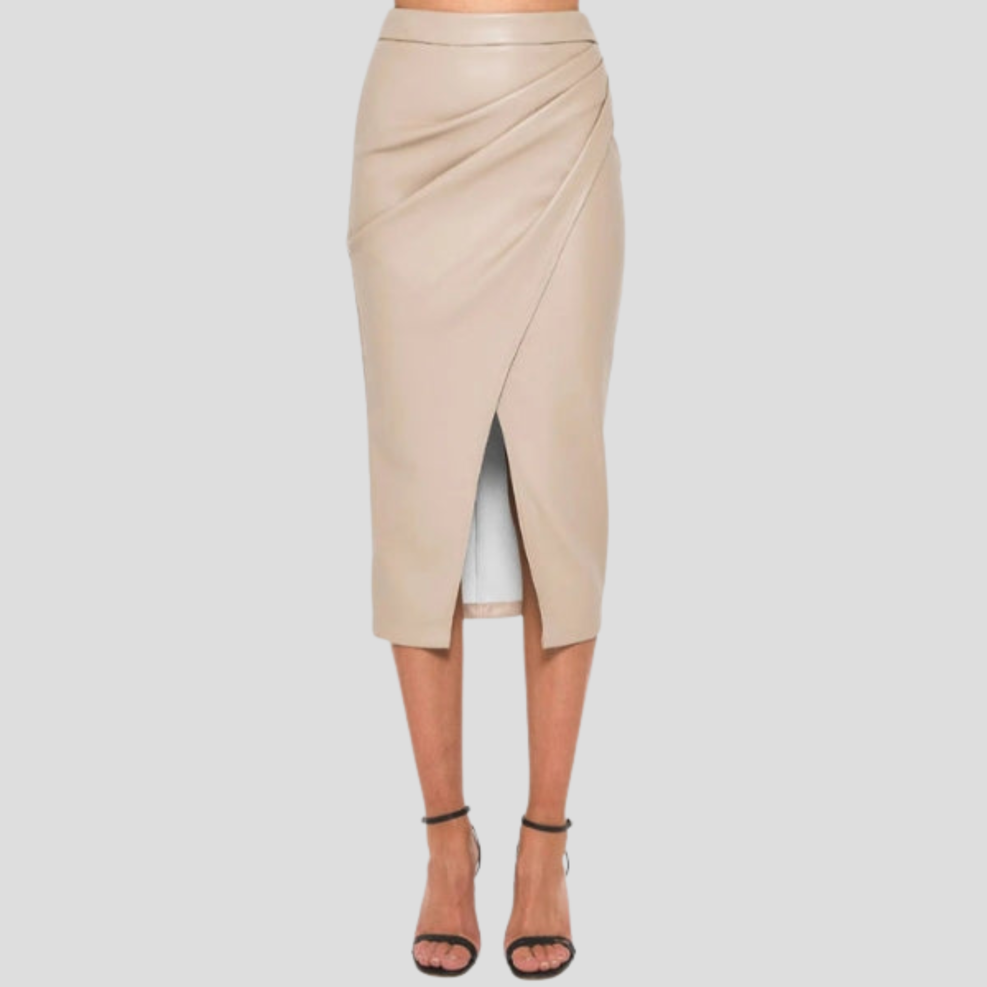 Women's wrap midi skirt with high slit, shown in black, brown and beige