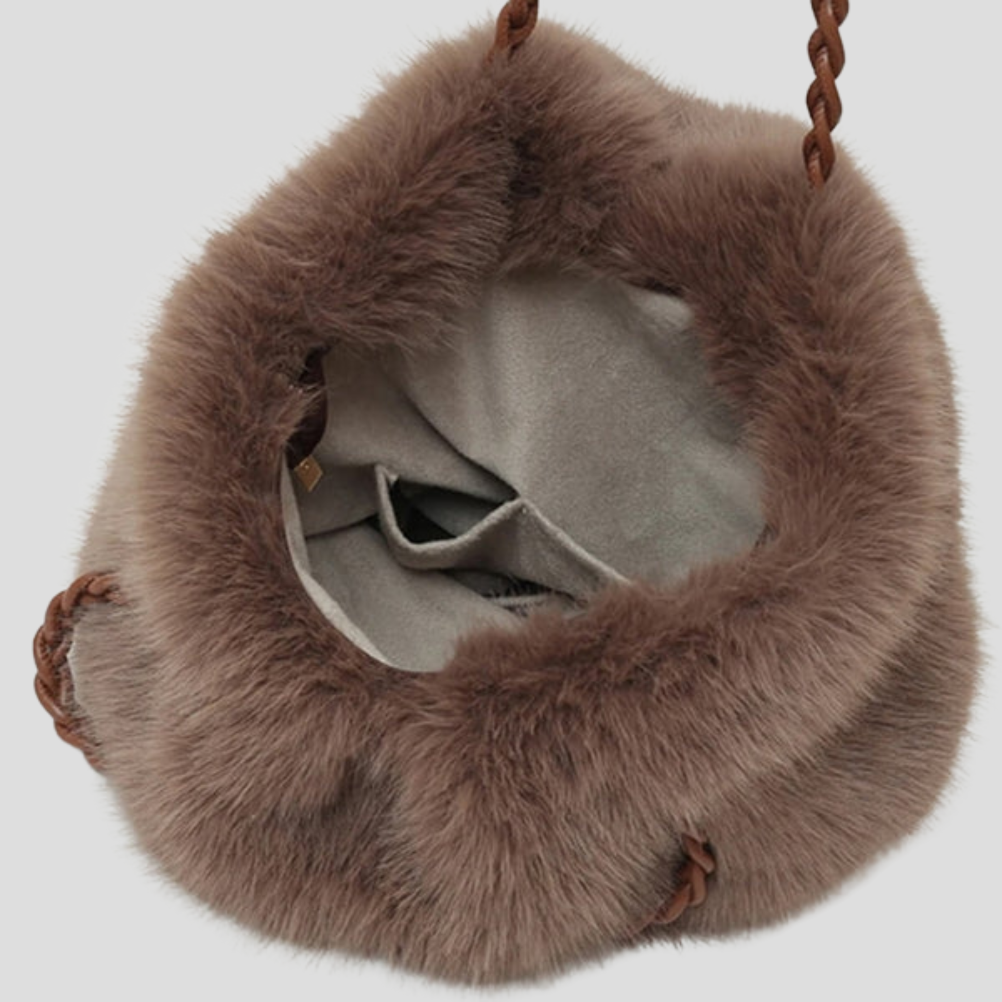 Oversized tote bag with braided handle detail, shown in black, brown, and beige